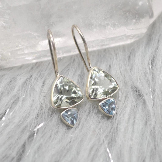 Green Amethyst, Blue Topaz Earrings: Sterling Silver Dangle Drop, February, December Birthstone