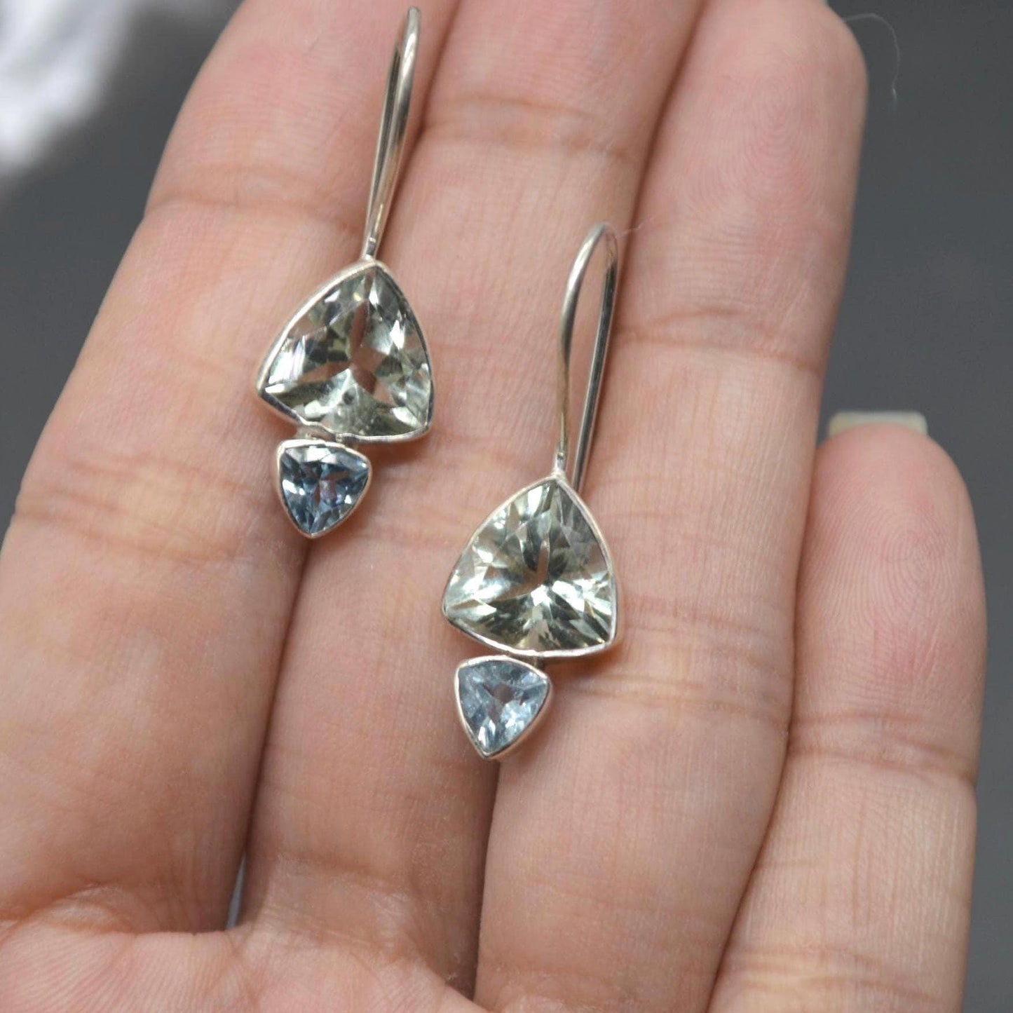 Green Amethyst, Blue Topaz Earrings: Sterling Silver Dangle Drop, February, December Birthstone