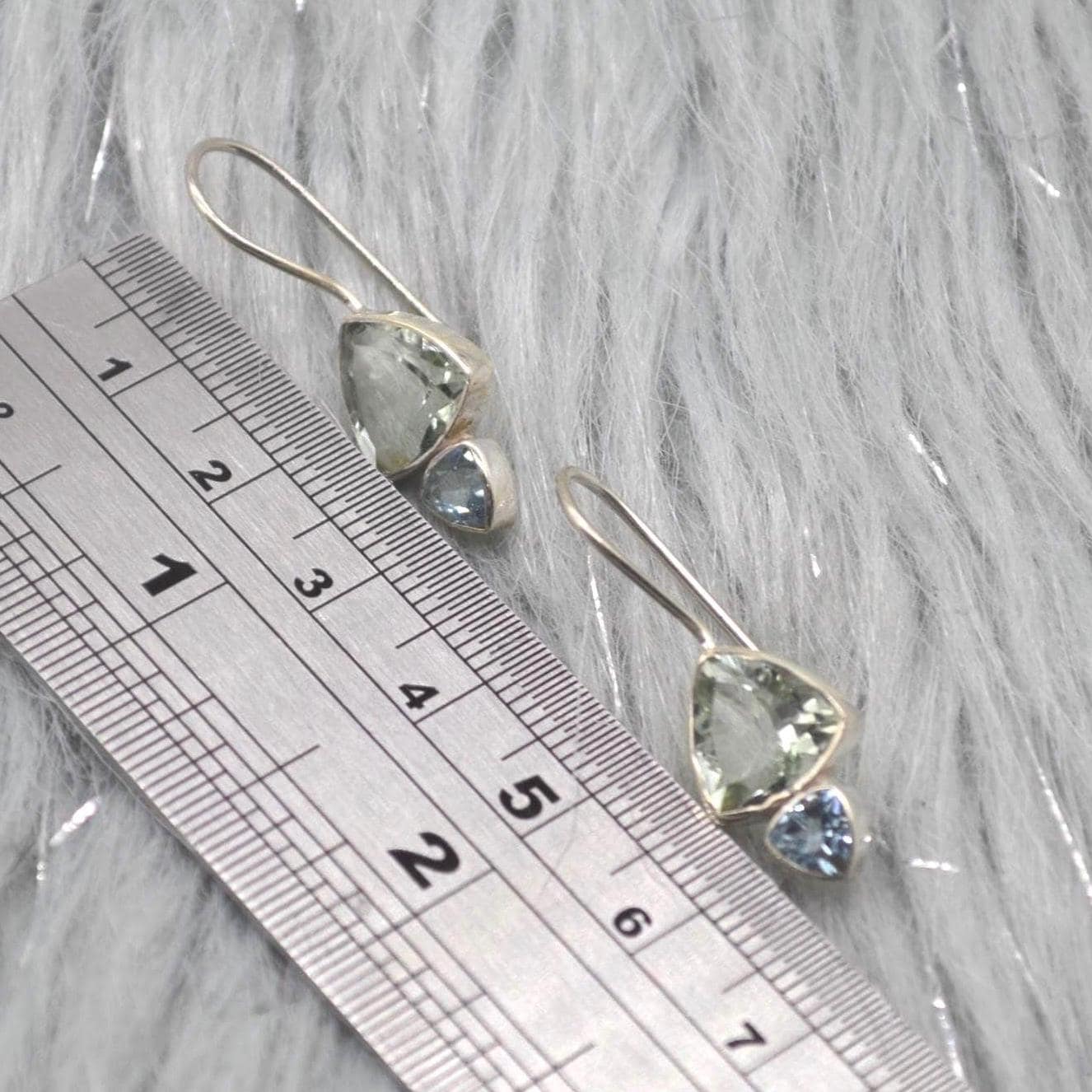 Green Amethyst, Blue Topaz Earrings: Sterling Silver Dangle Drop, February, December Birthstone