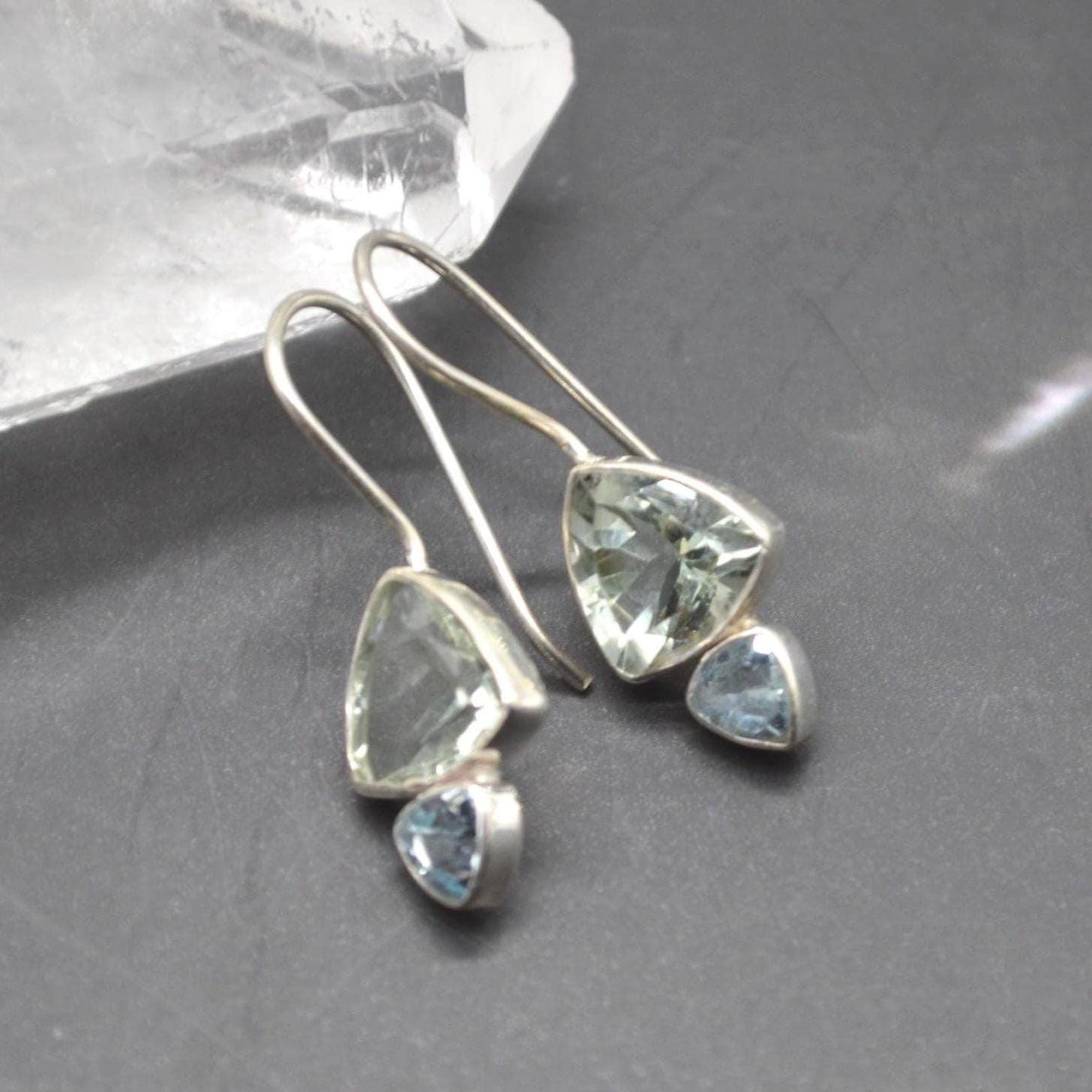 Green Amethyst, Blue Topaz Earrings: Sterling Silver Dangle Drop, February, December Birthstone