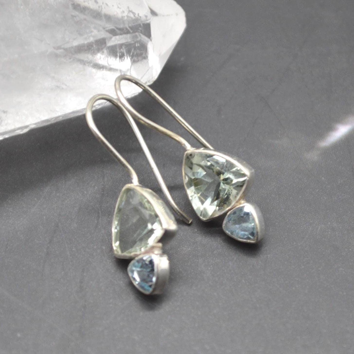 Green Amethyst, Blue Topaz Earrings: Sterling Silver Dangle Drop, February, December Birthstone