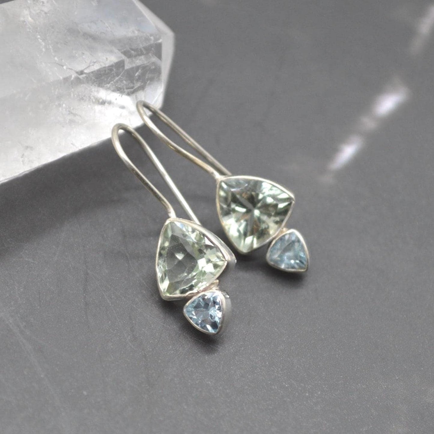 Green Amethyst, Blue Topaz Earrings: Sterling Silver Dangle Drop, February, December Birthstone
