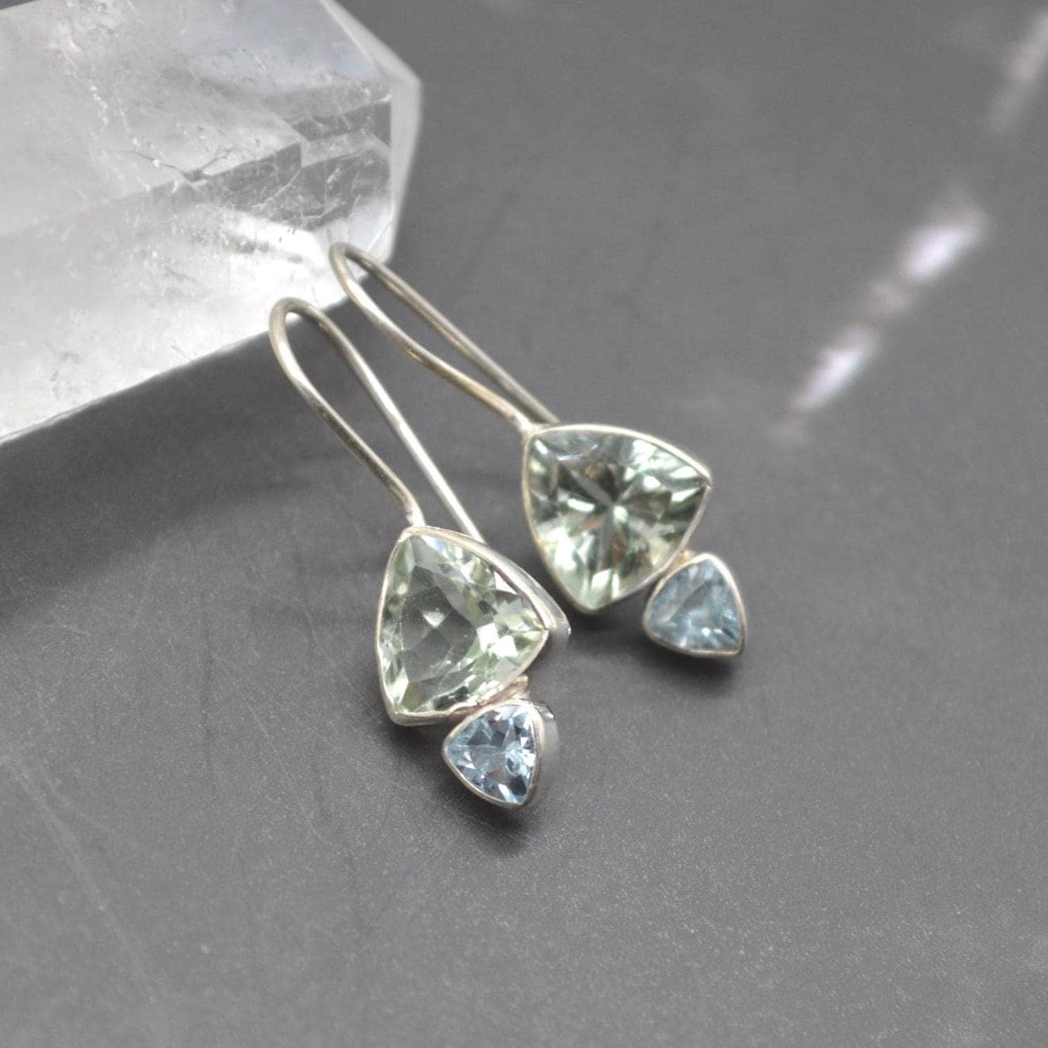Green Amethyst, Blue Topaz Earrings: Sterling Silver Dangle Drop, February, December Birthstone