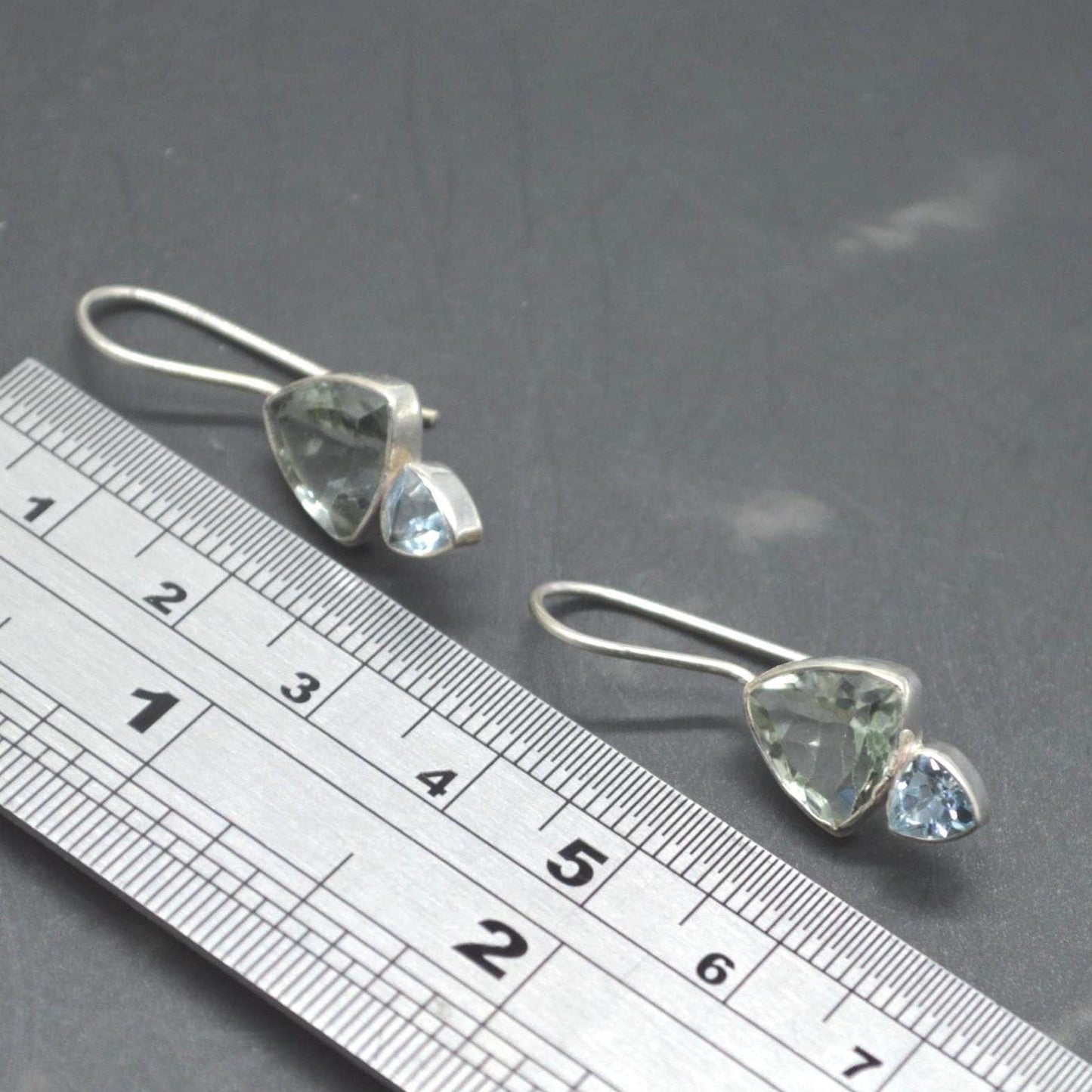 Green Amethyst, Blue Topaz Earrings: Sterling Silver Dangle Drop, February, December Birthstone