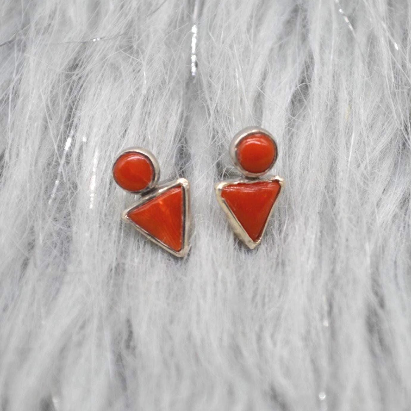 Red Coral Silver Stud Earrings: Dainty Gemstone Jewelry, Minimalist Sterling Silver Drop