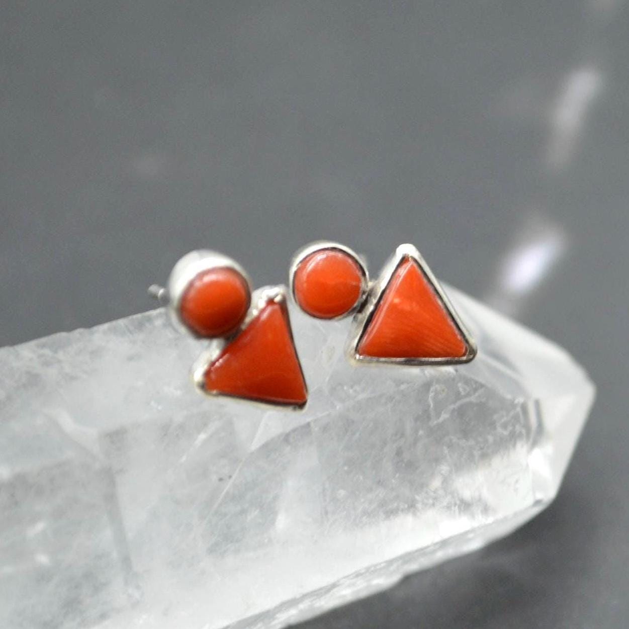 Red Coral Silver Stud Earrings: Dainty Gemstone Jewelry, Minimalist Sterling Silver Drop