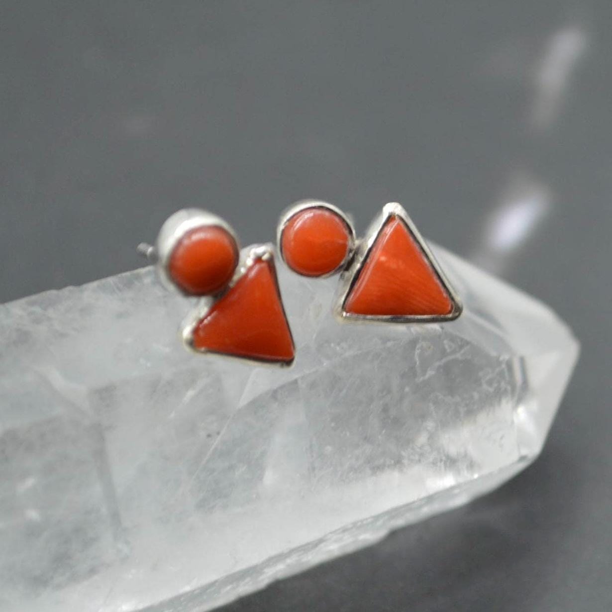Red Coral Silver Stud Earrings: Dainty Gemstone Jewelry, Minimalist Sterling Silver Drop
