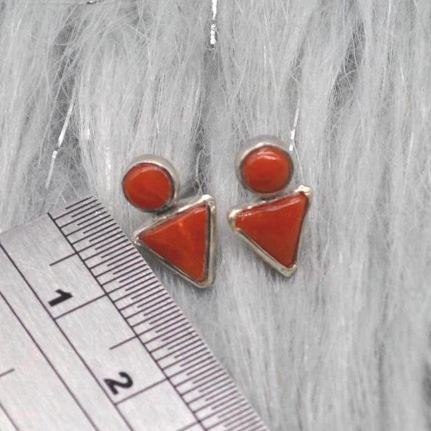 Red Coral Silver Stud Earrings: Dainty Gemstone Jewelry, Minimalist Sterling Silver Drop