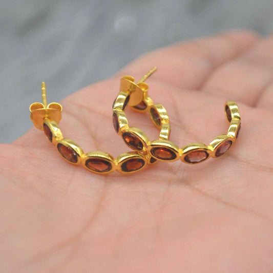 Red Garnet Gold Hoop Earrings: Sterling Silver, January Birthstone Huggies