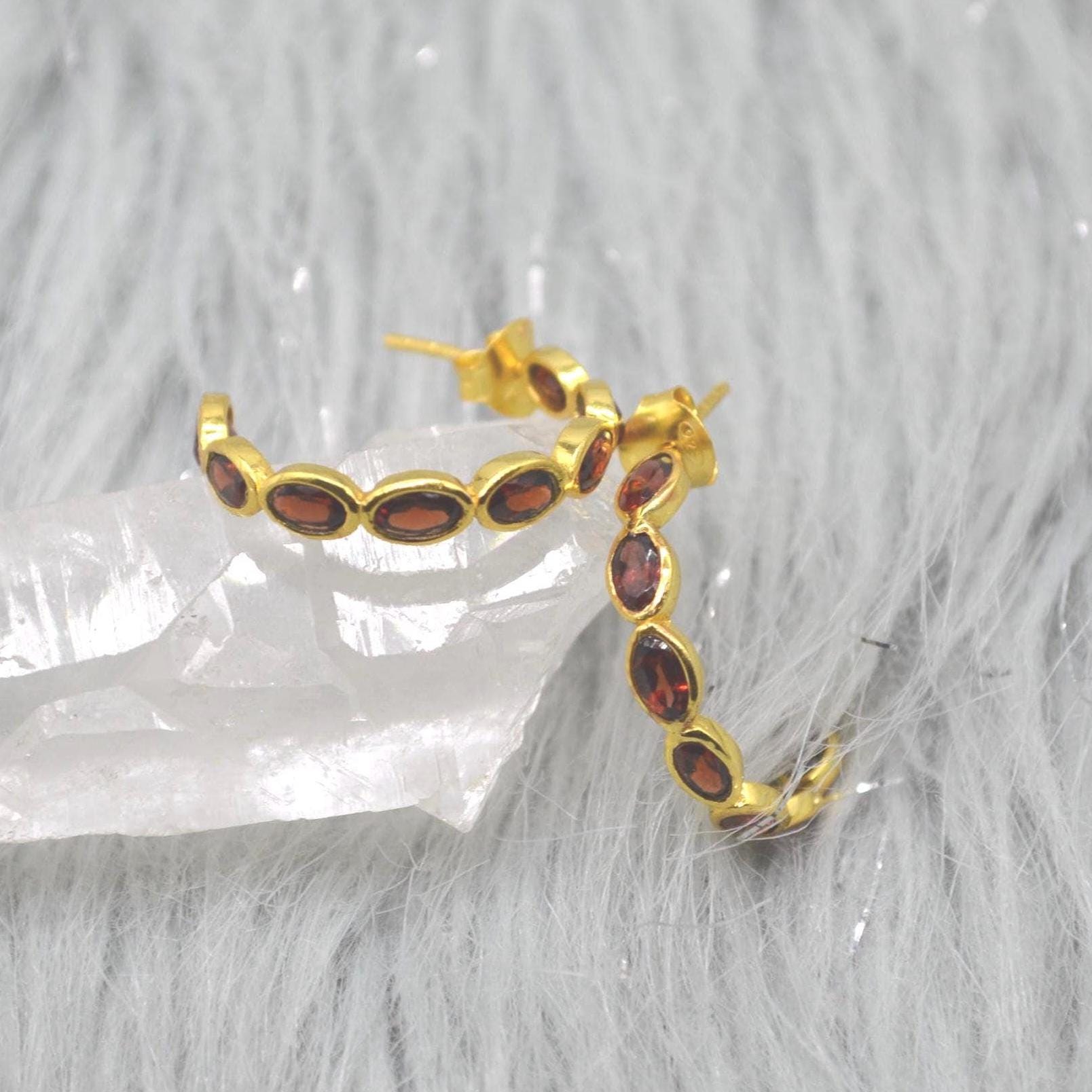 Red Garnet Gold Hoop Earrings: Sterling Silver, January Birthstone Huggies