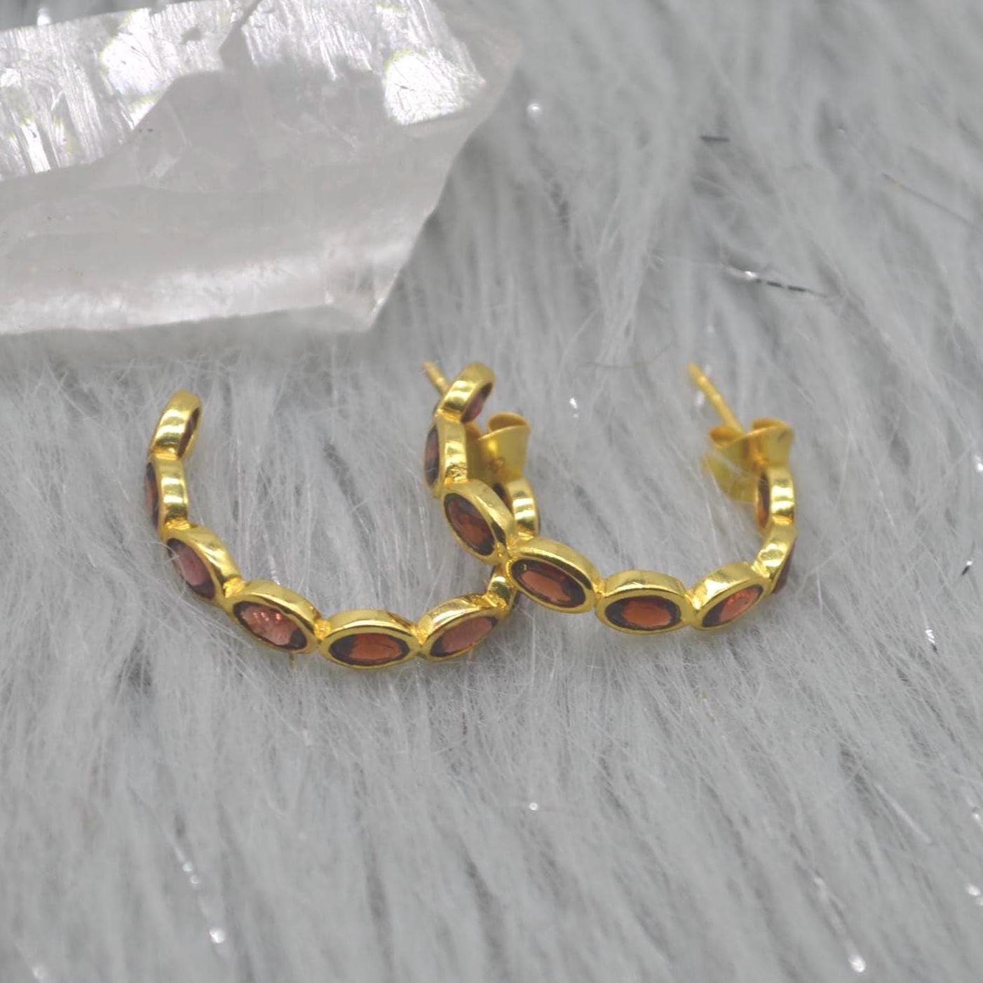 Red Garnet Gold Hoop Earrings: Sterling Silver, January Birthstone Huggies