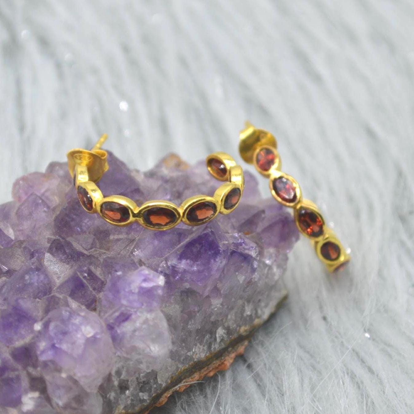 Red Garnet Gold Hoop Earrings: Sterling Silver, January Birthstone Huggies