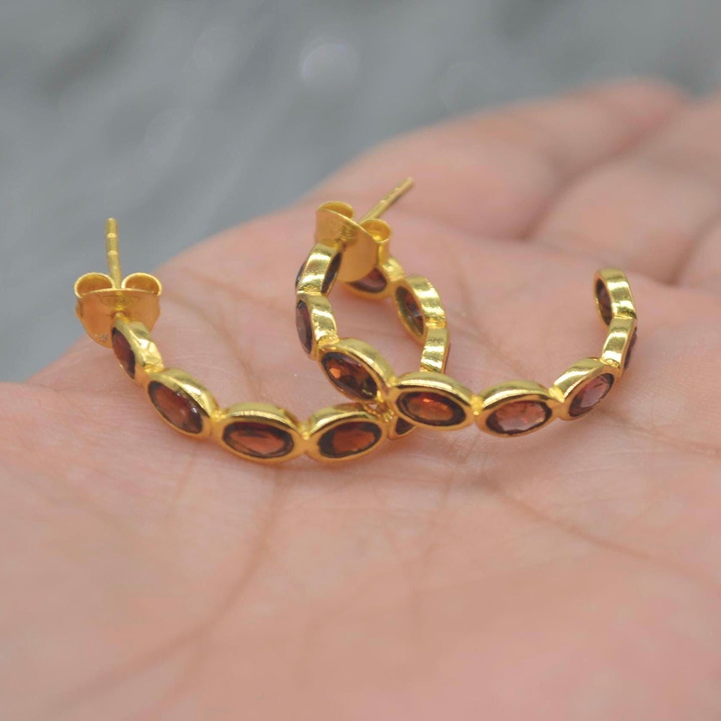 Red Garnet Gold Hoop Earrings: Sterling Silver, January Birthstone Huggies