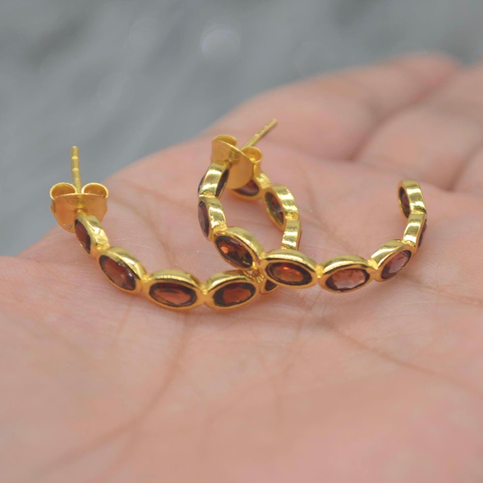 Red Garnet Gold Hoop Earrings: Sterling Silver, January Birthstone Huggies