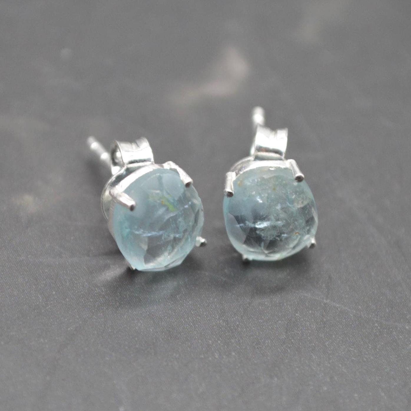 Aquamarine Silver Stud Earrings: Sterling Silver or Gold, March Birthstone
