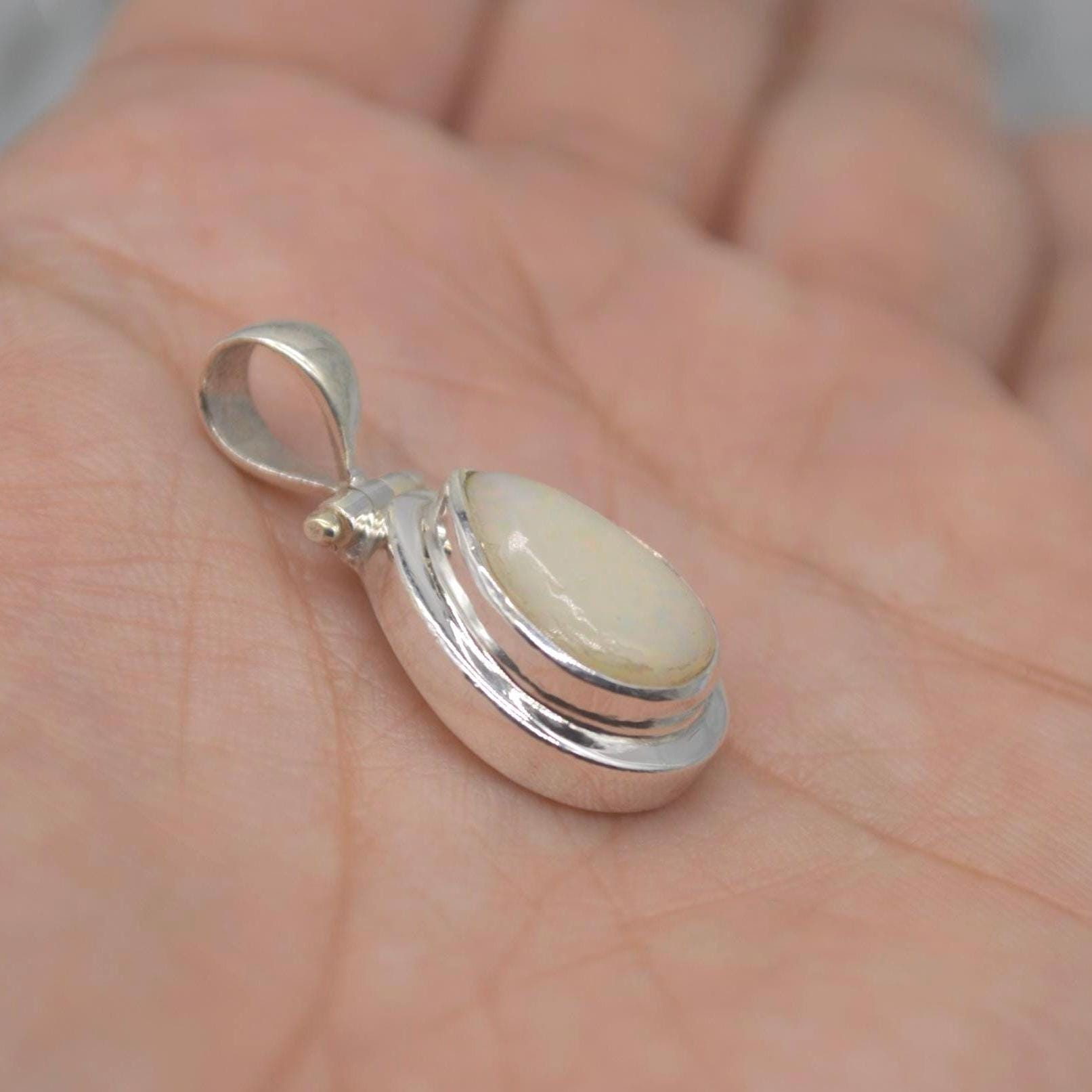 White Opal Pendant: Sterling Silver Necklace, Gemstone Pendant