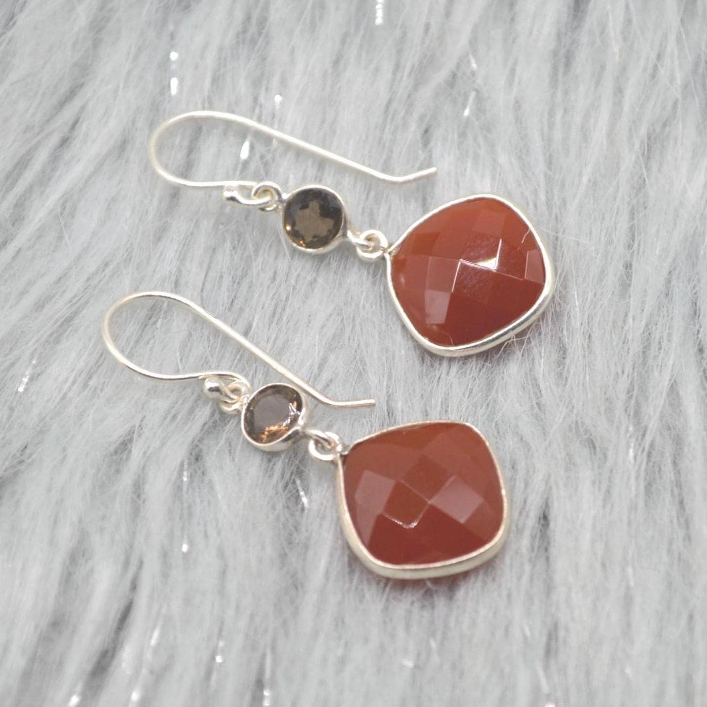 Smoky Quartz, Carnelian Earrings: Sterling Silver, Dangle Drop