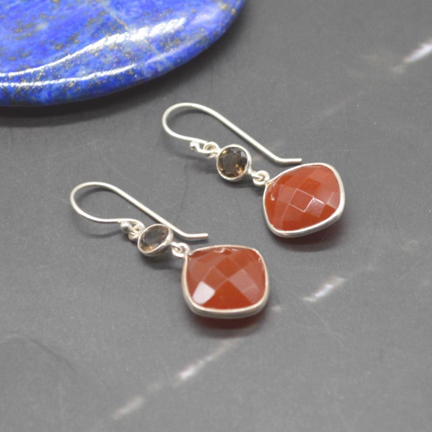 Smoky Quartz, Carnelian Earrings: Sterling Silver, Dangle Drop