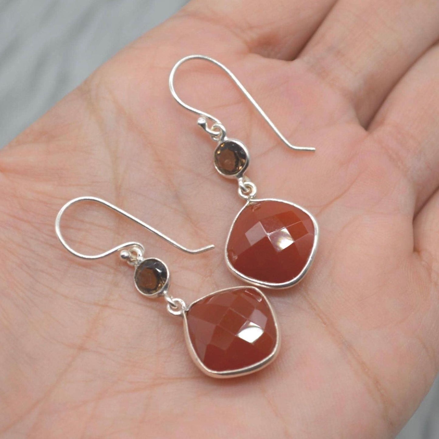 Smoky Quartz, Carnelian Earrings: Sterling Silver, Dangle Drop