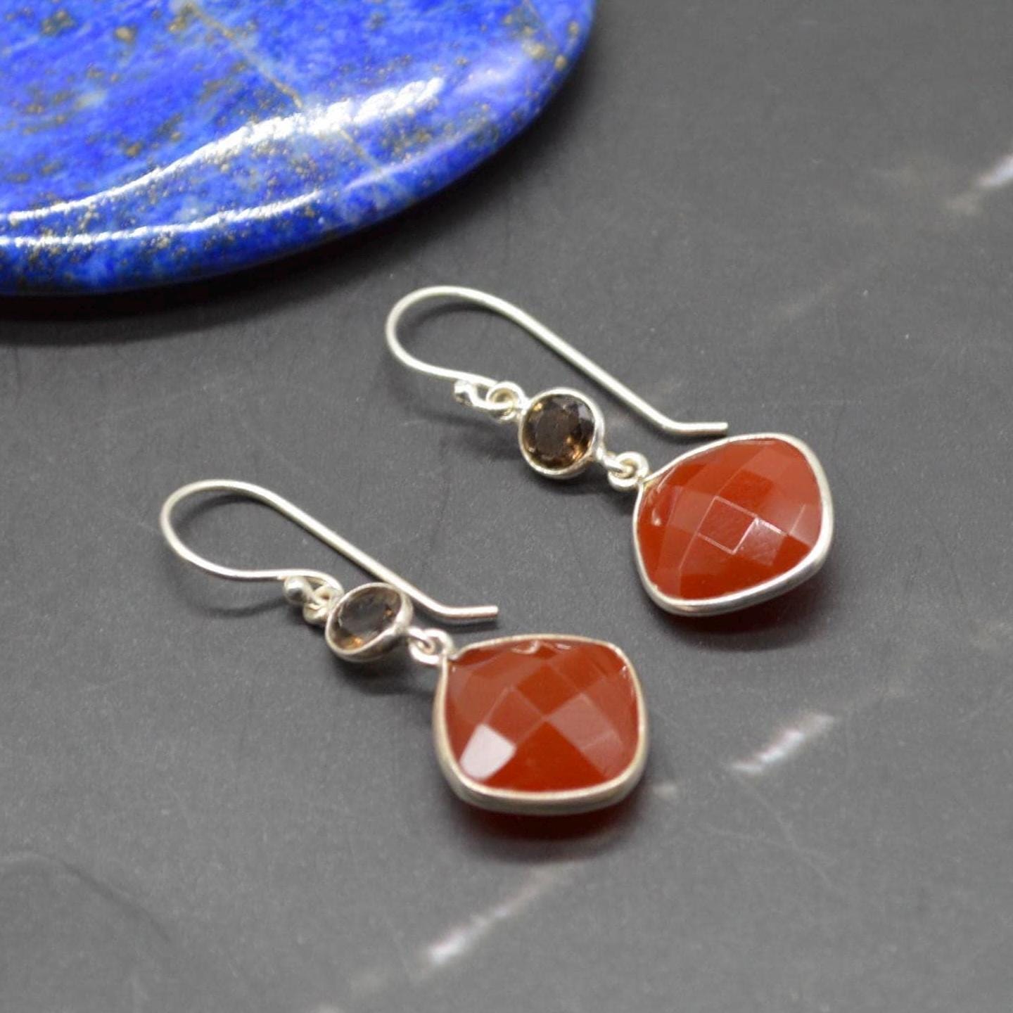 Smoky Quartz, Carnelian Earrings: Sterling Silver, Dangle Drop