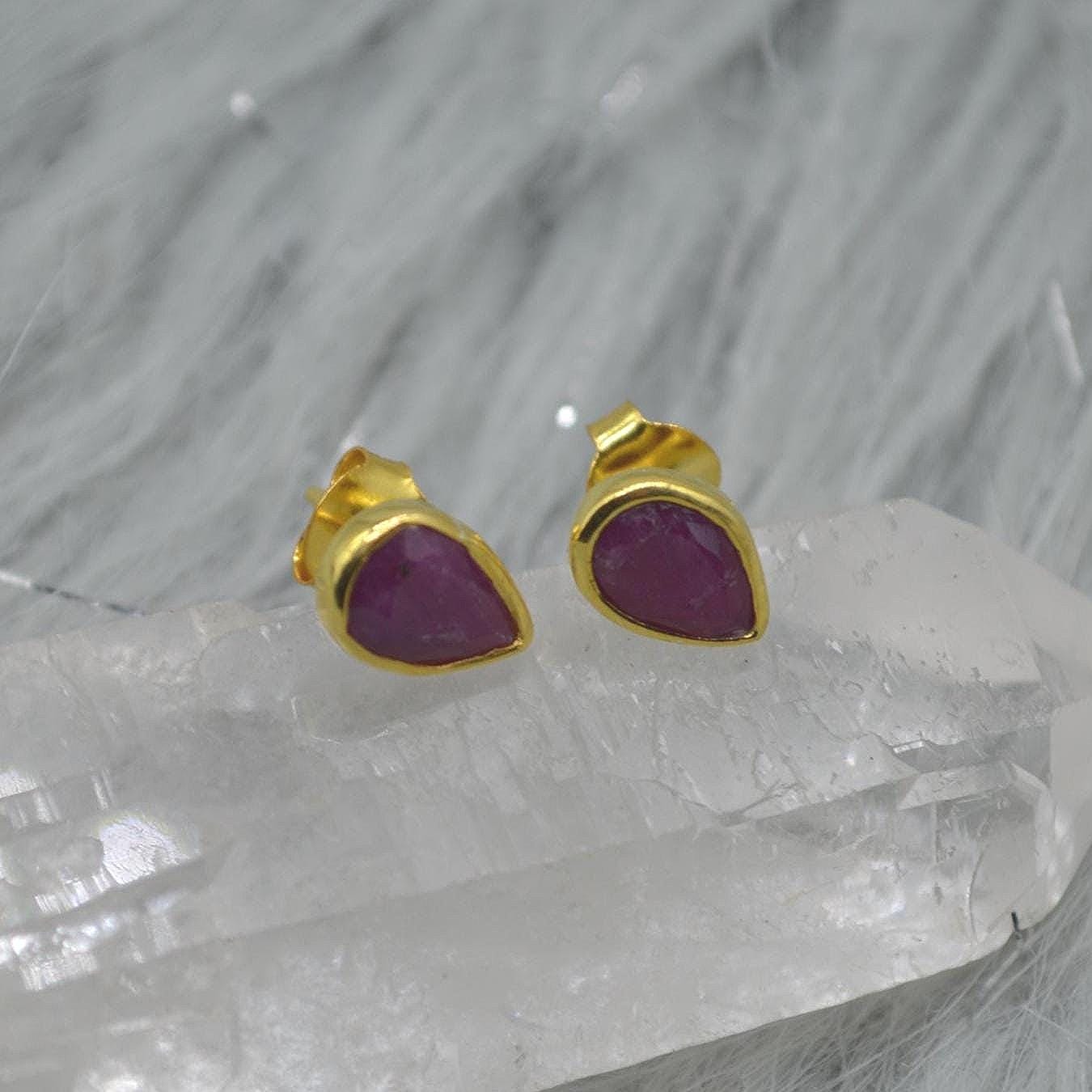 Red Ruby Gold Stud Earrings: Sterling Silver, Minimalist July Birthstone Jewelry