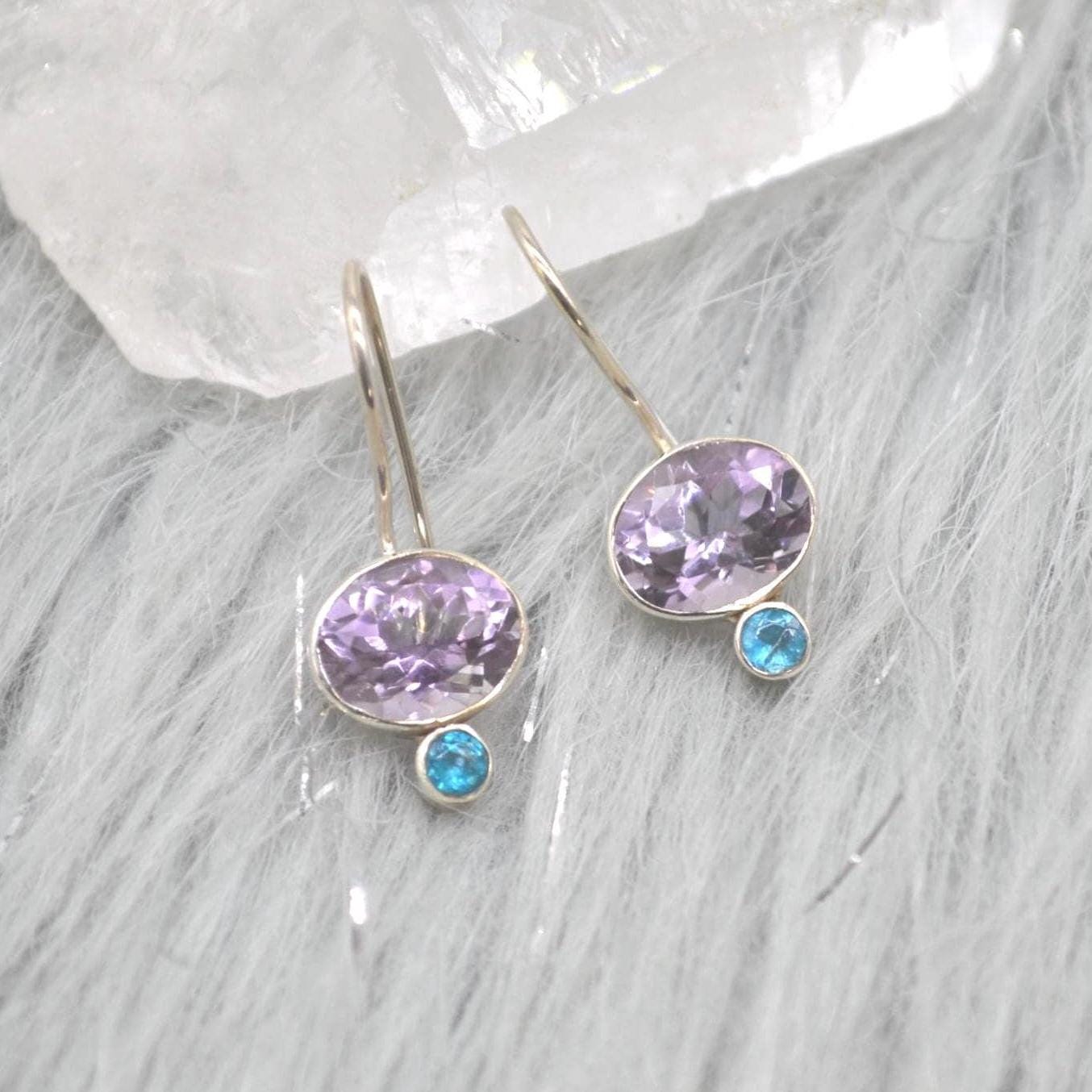 Amethyst Apatite Sterling Silver Earrings: Dangle Drop, February Birthstone