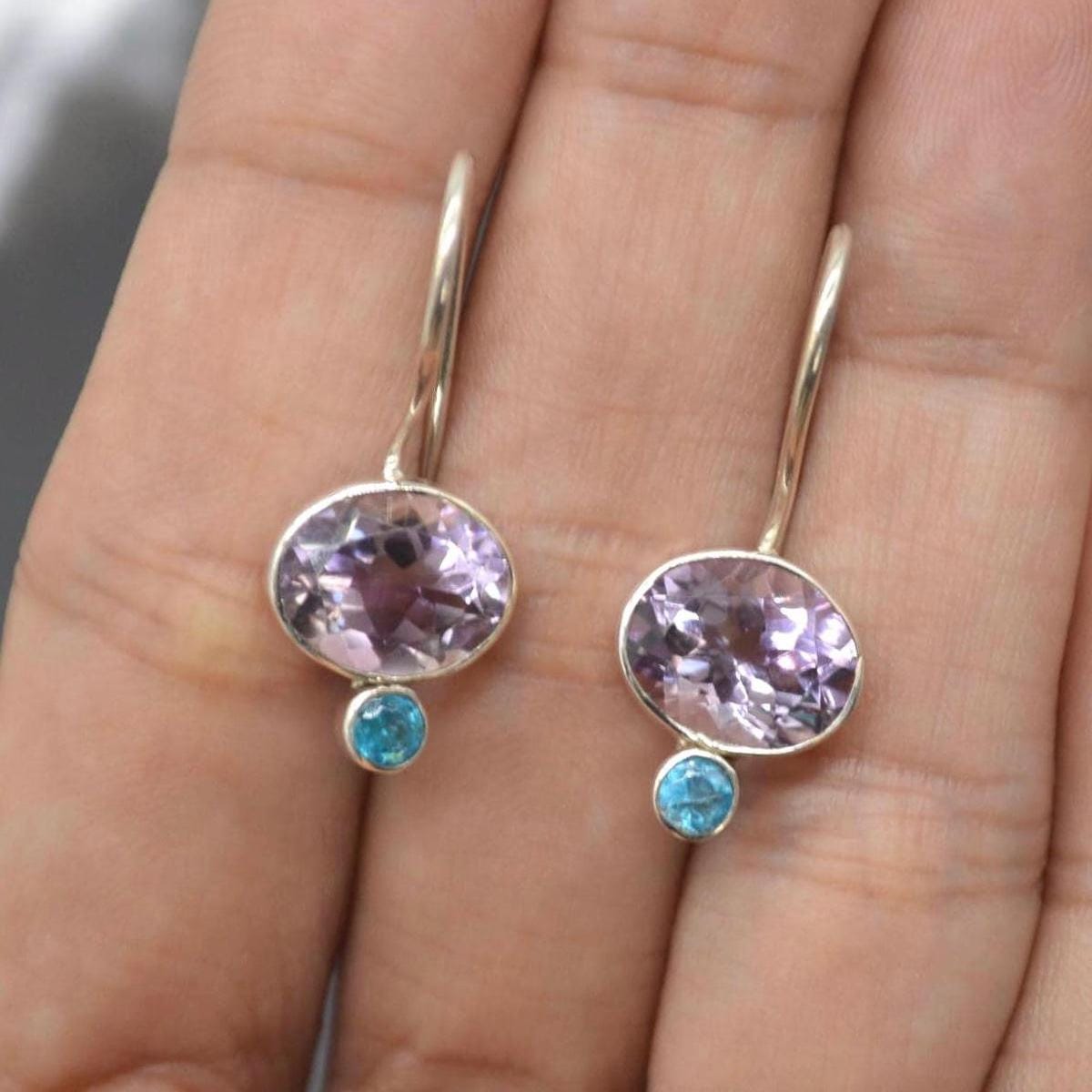 Amethyst Apatite Sterling Silver Earrings: Dangle Drop, February Birthstone