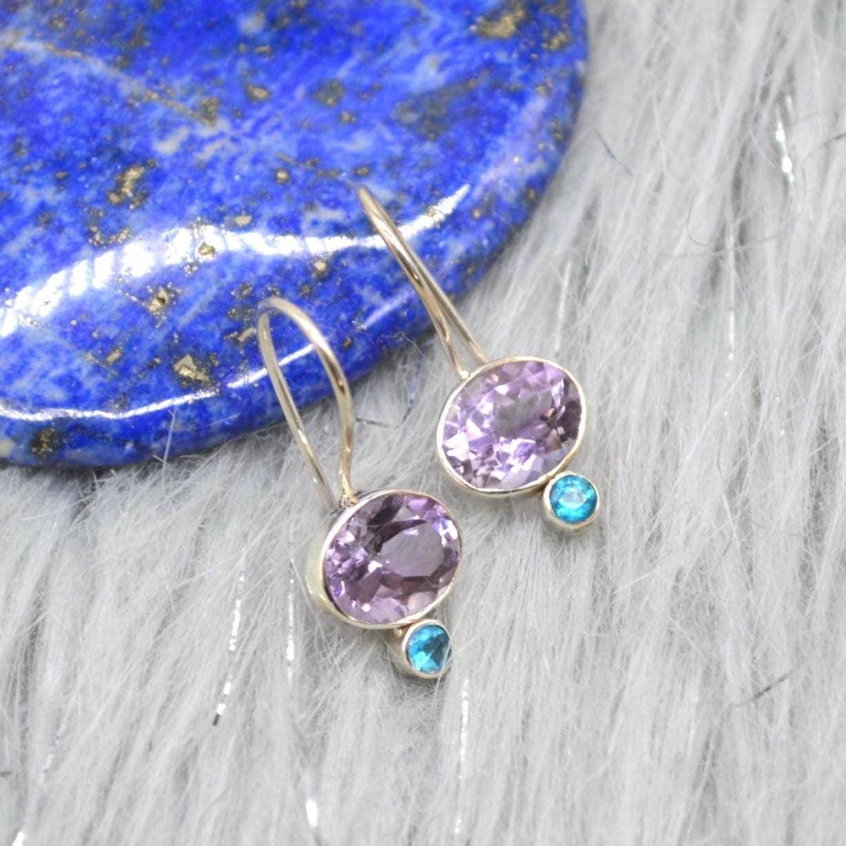 Amethyst Apatite Sterling Silver Earrings: Dangle Drop, February Birthstone