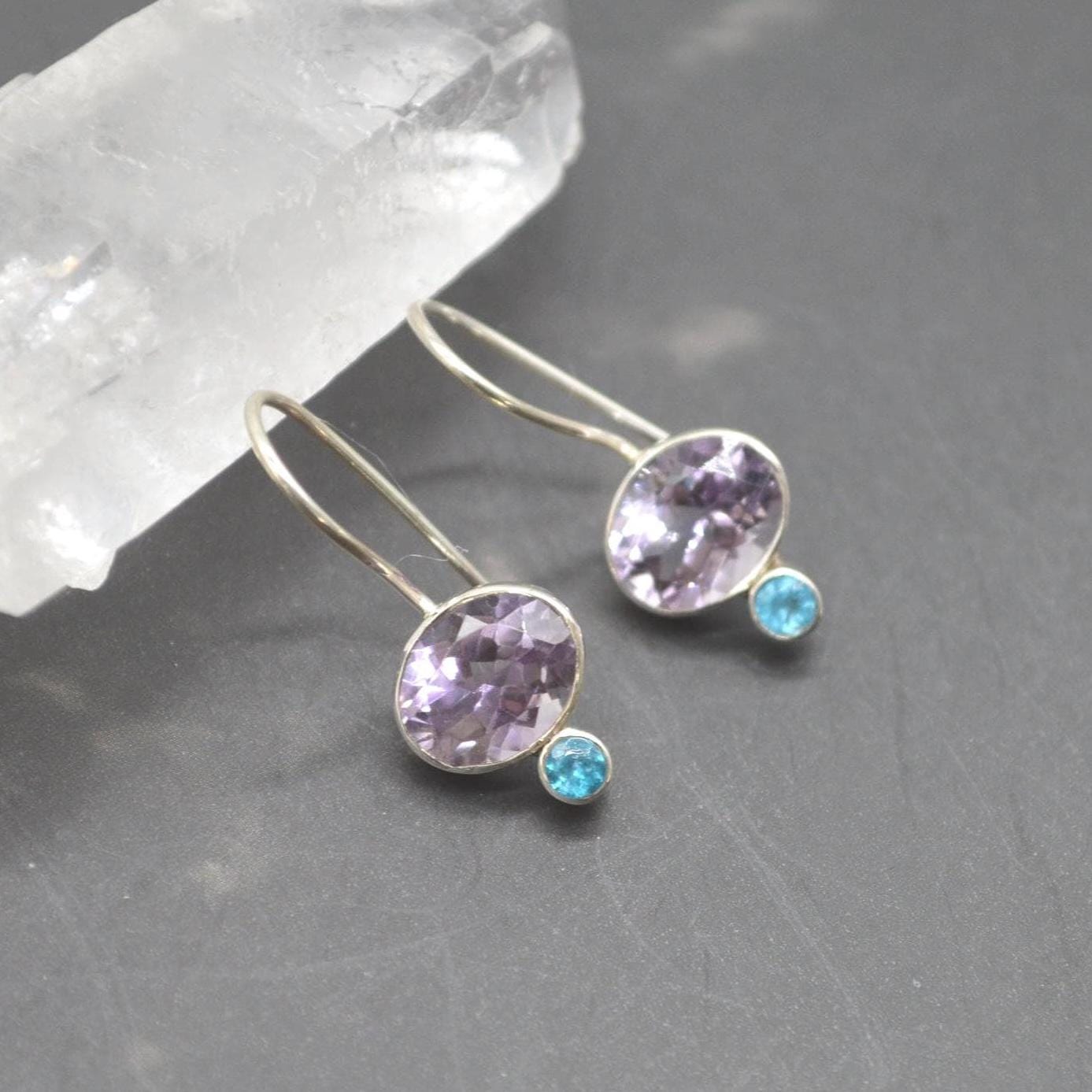 Amethyst Apatite Sterling Silver Earrings: Dangle Drop, February Birthstone
