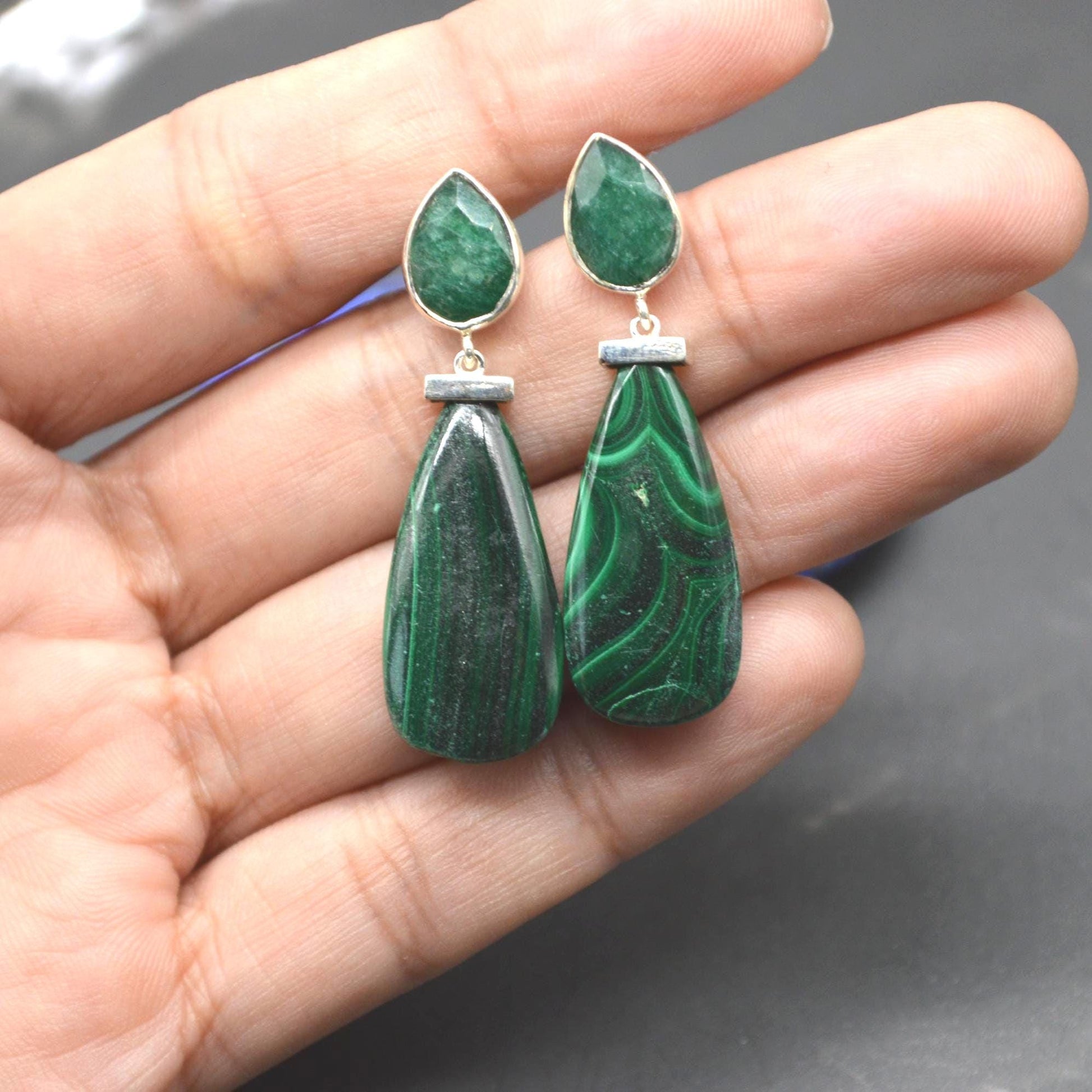 Green Onyx, Malachite Earrings: Sterling Silver, Green Gemstone Drop