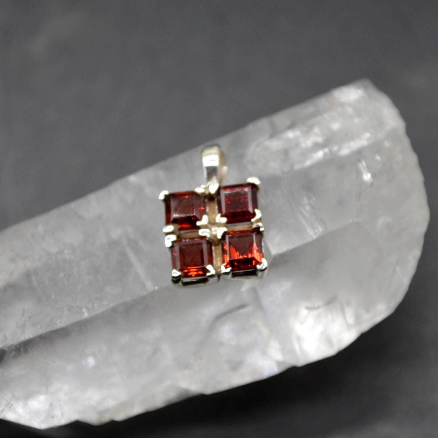 Red Garnet Square Pendant Necklace: Sterling Silver