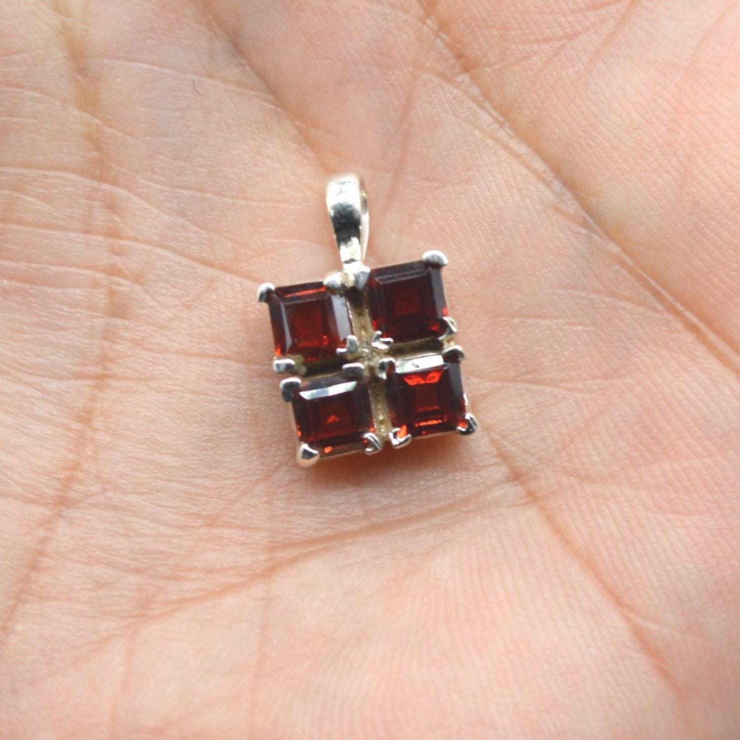 Red Garnet Square Pendant Necklace: Sterling Silver