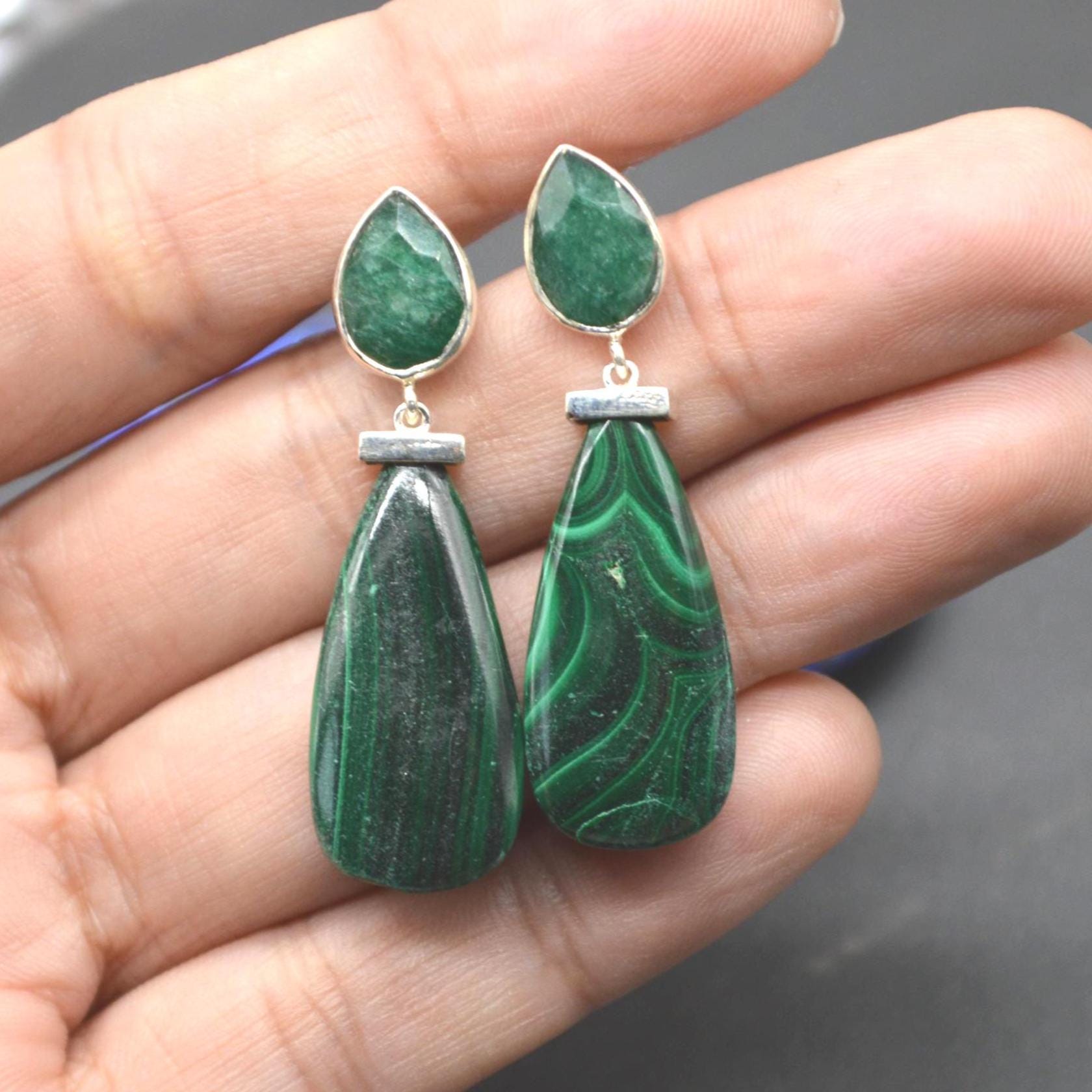 Green Onyx, Malachite Earrings: Sterling Silver, Green Gemstone Drop