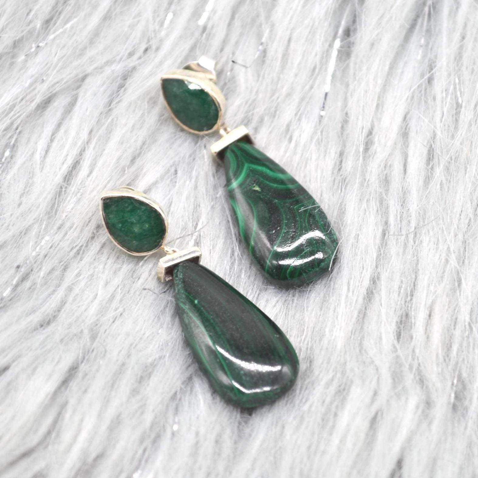 Green Onyx, Malachite Earrings: Sterling Silver, Green Gemstone Drop
