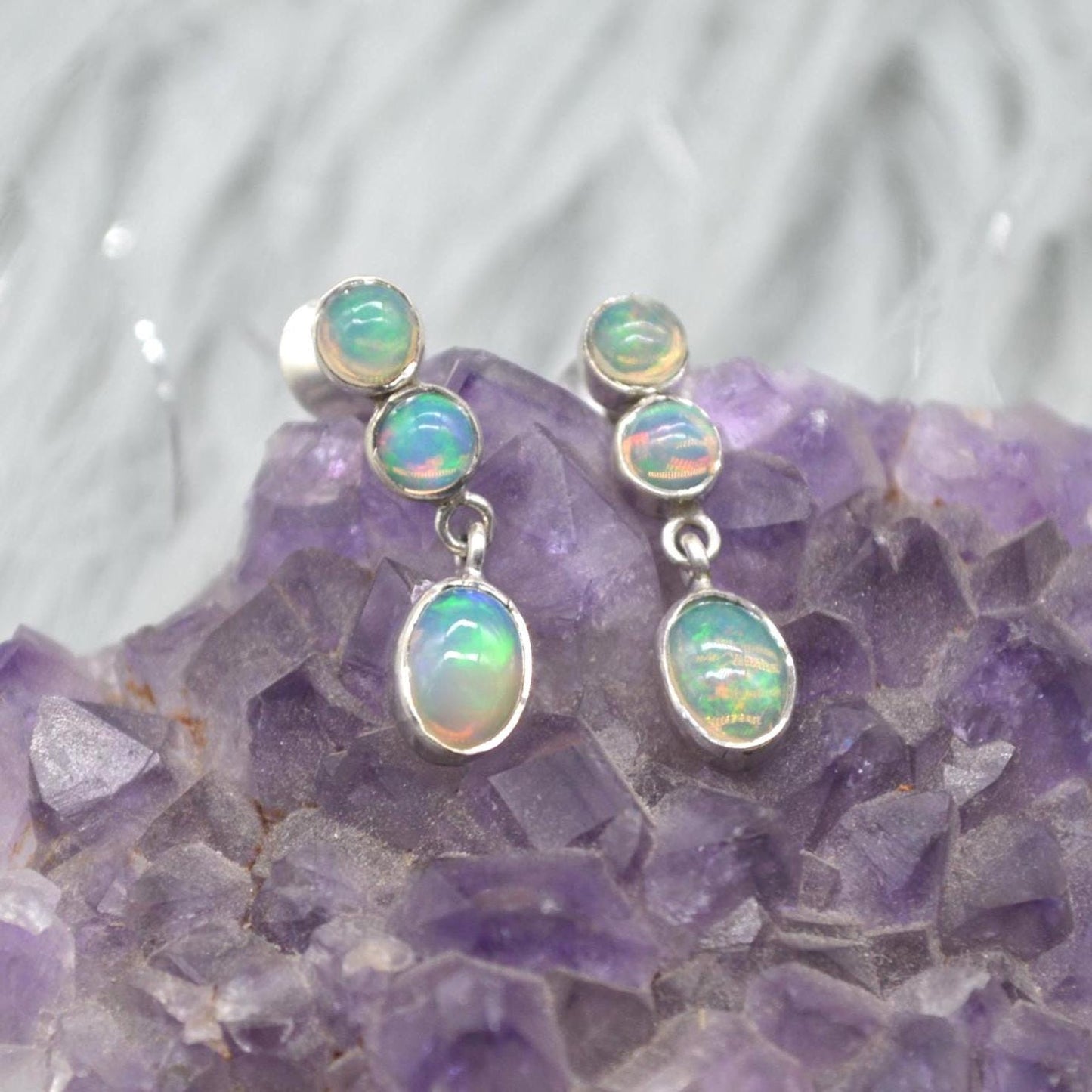 White Fire Opal Earrings: Sterling Silver Dangle Drop