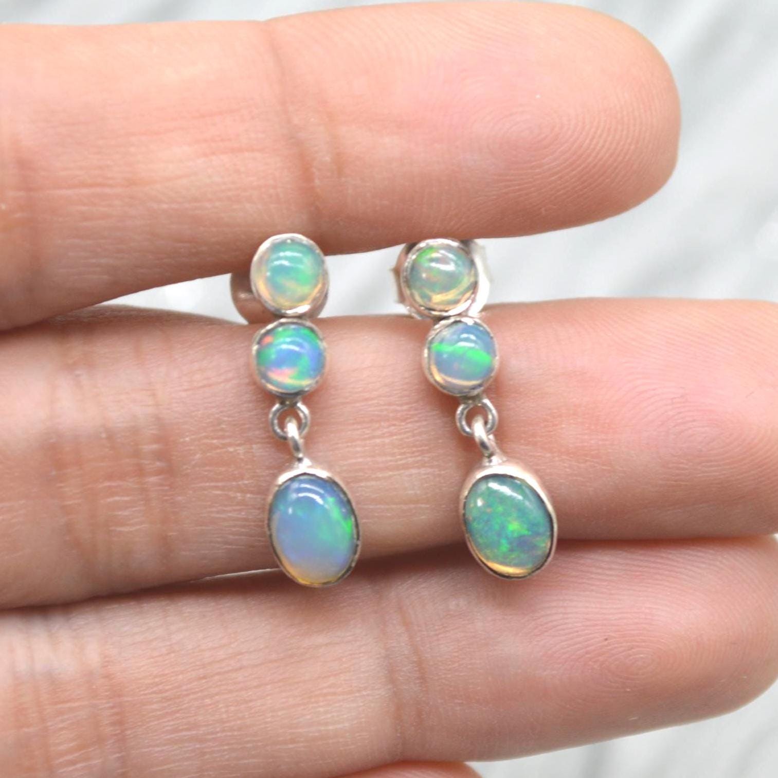 White Fire Opal Earrings: Sterling Silver Dangle Drop