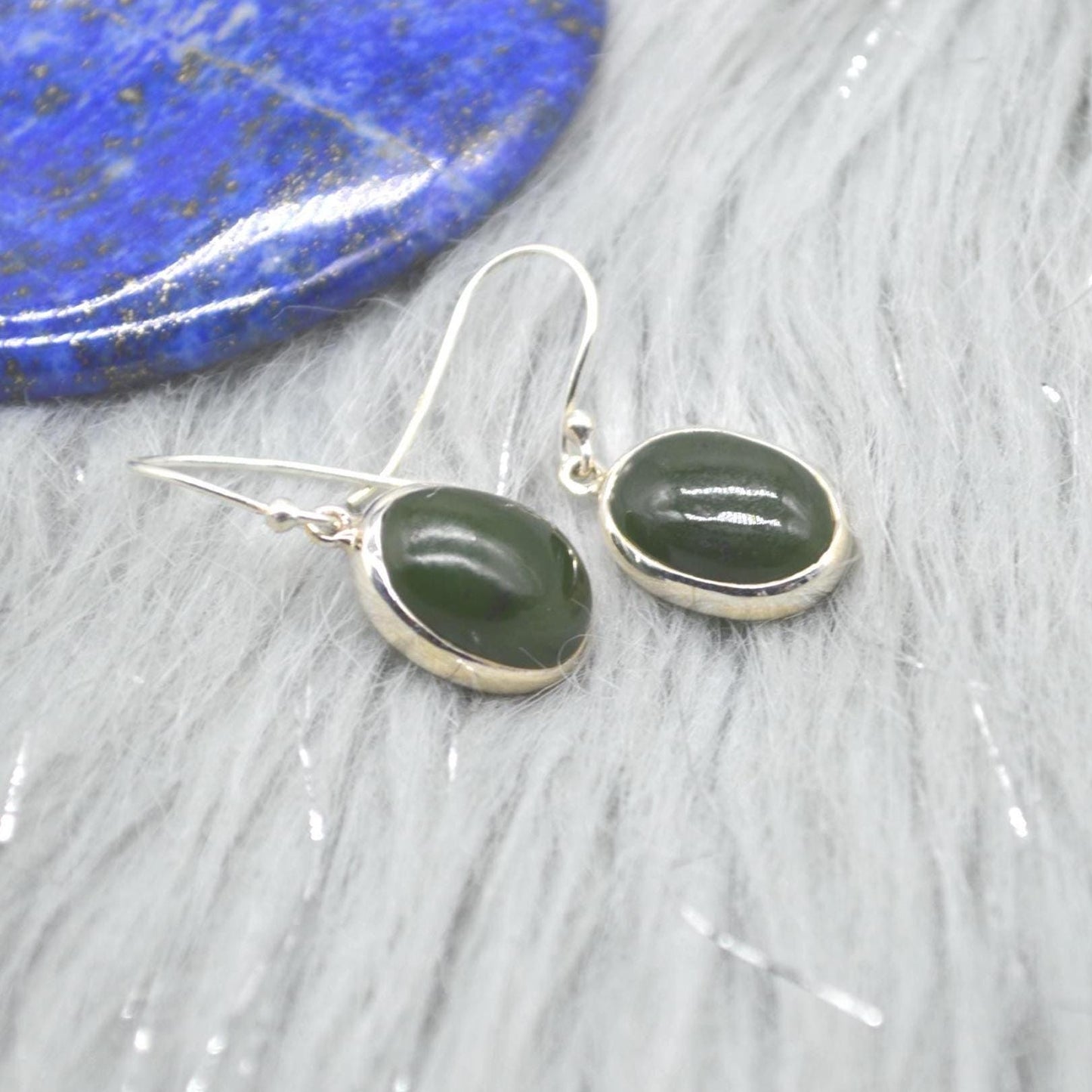 Green Jade Earrings: Sterling Silver Dangle Drop, Oval Gemstone