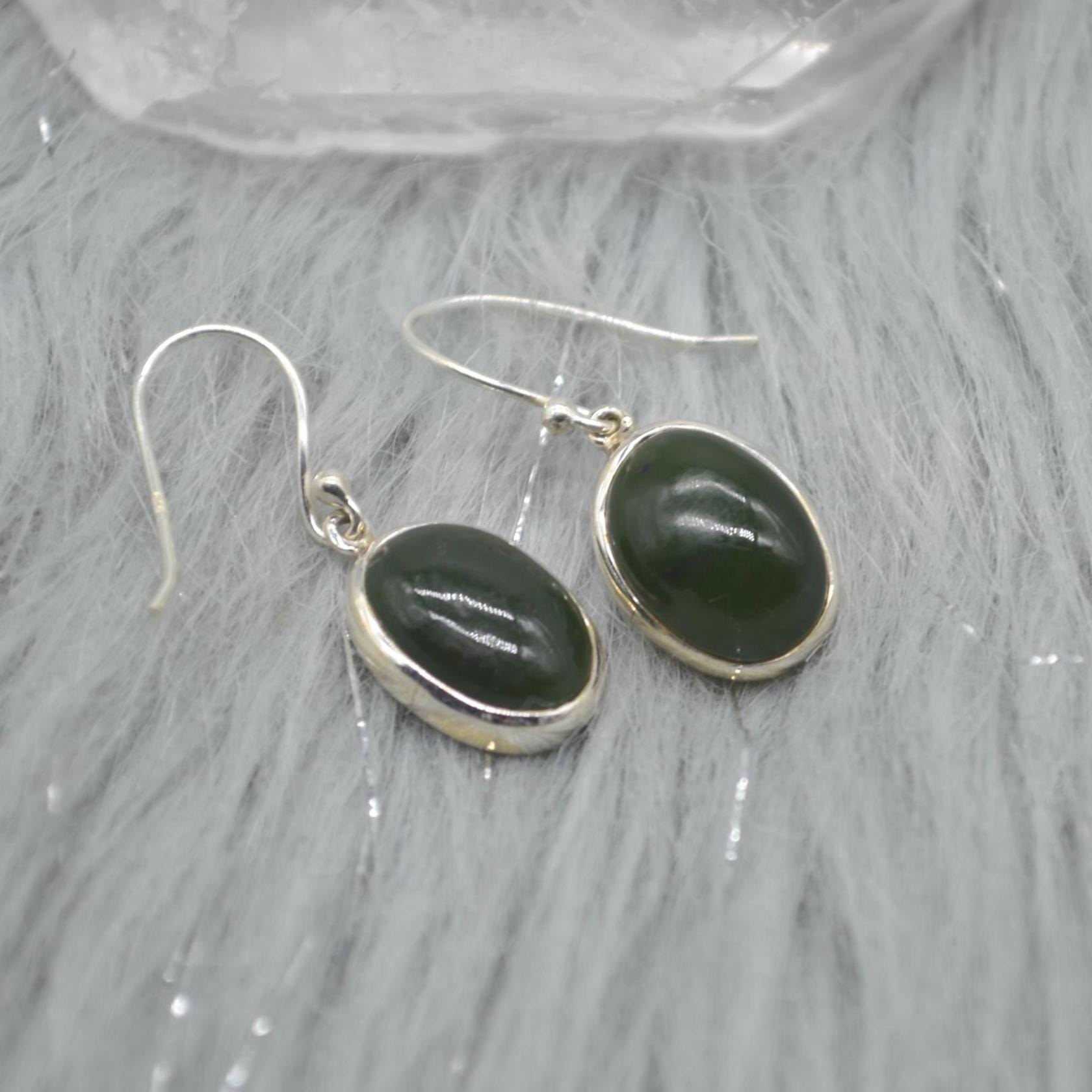 Green Jade Earrings: Sterling Silver Dangle Drop, Oval Gemstone