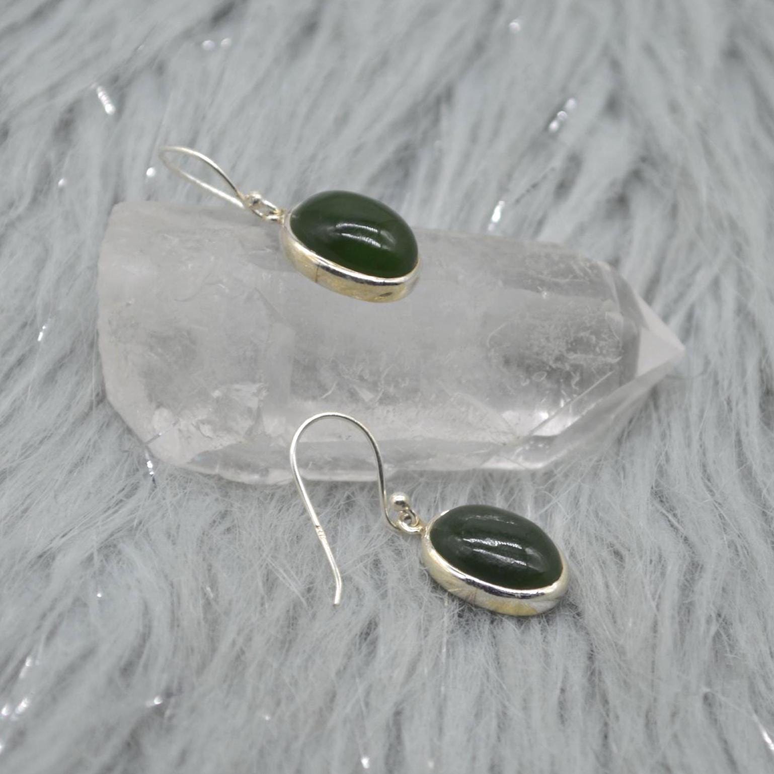 Green Jade Earrings: Sterling Silver Dangle Drop, Oval Gemstone