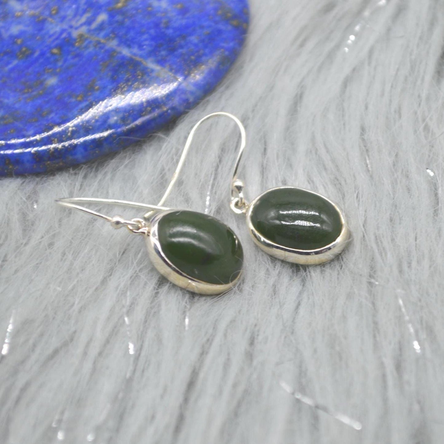 Green Jade Earrings: Sterling Silver Dangle Drop, Oval Gemstone