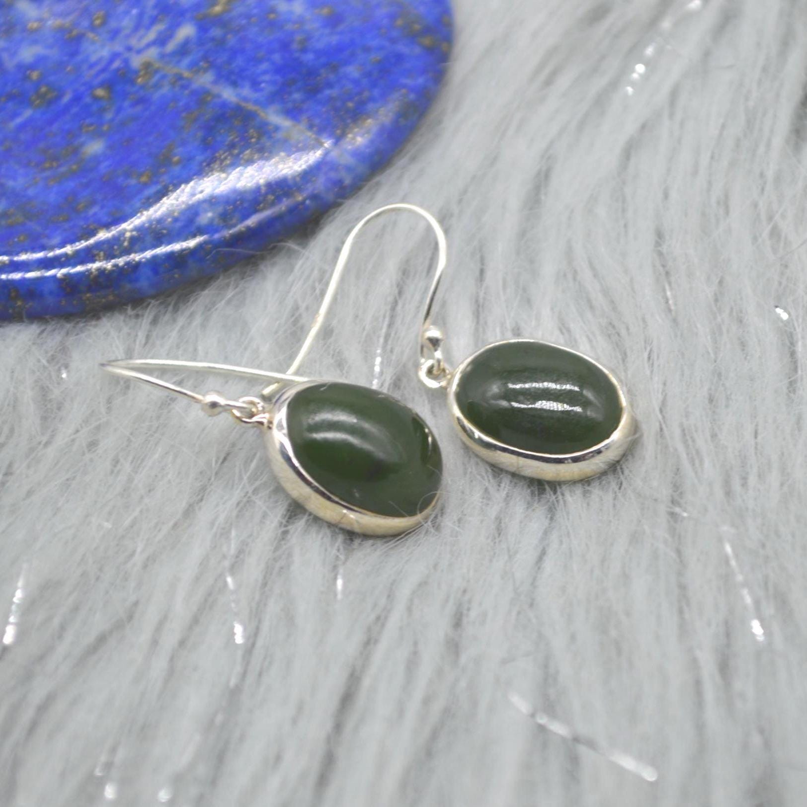 Green Jade Earrings: Sterling Silver Dangle Drop, Oval Gemstone