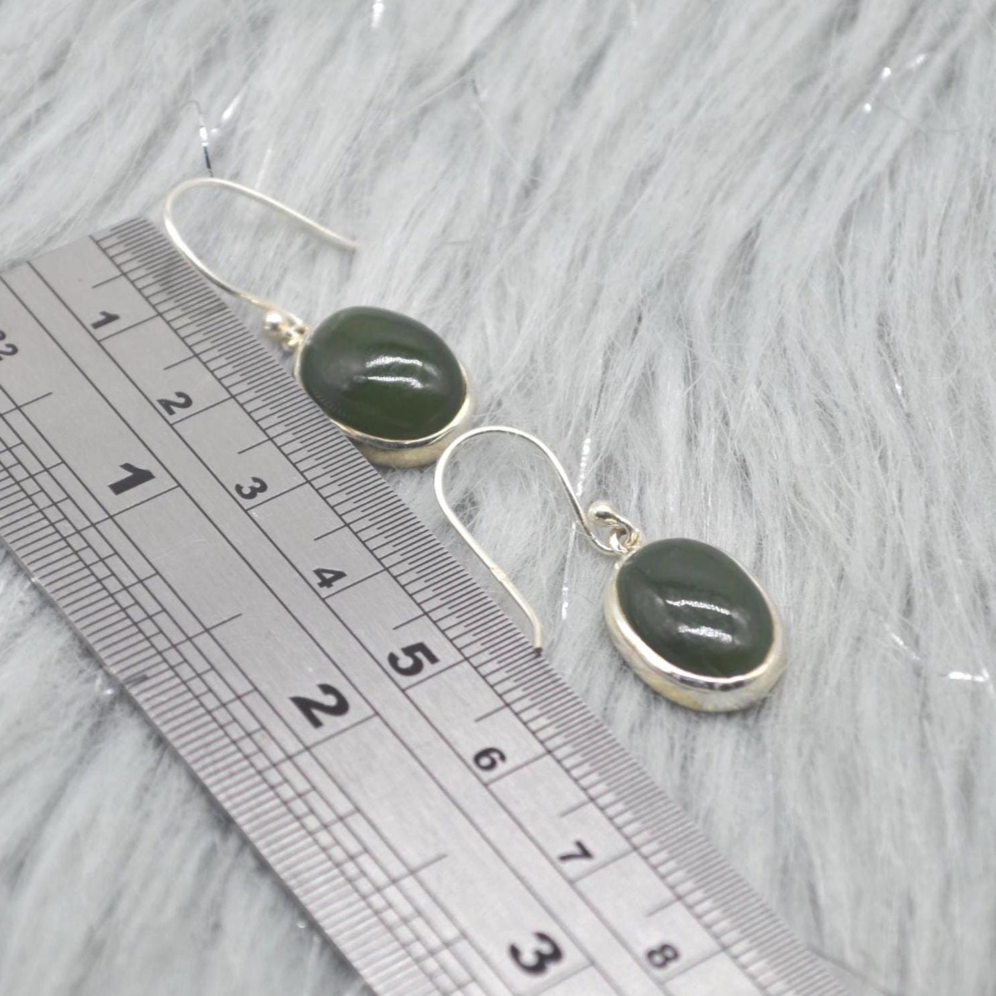 Green Jade Earrings: Sterling Silver Dangle Drop, Oval Gemstone