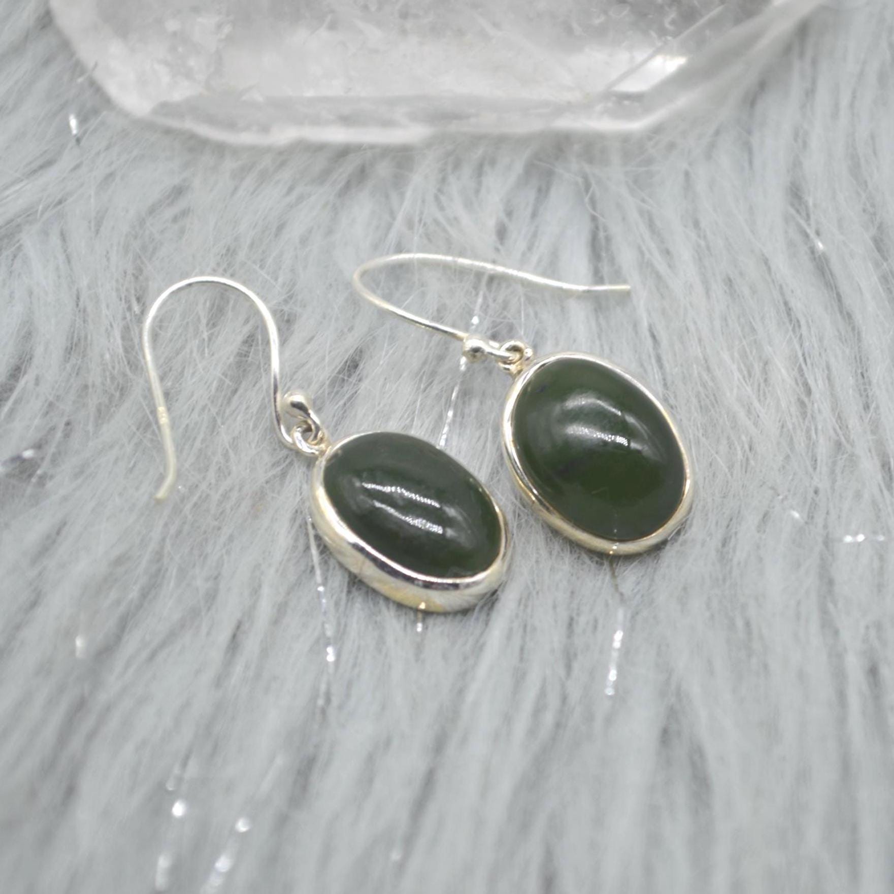 Green Jade Earrings: Sterling Silver Dangle Drop, Oval Gemstone