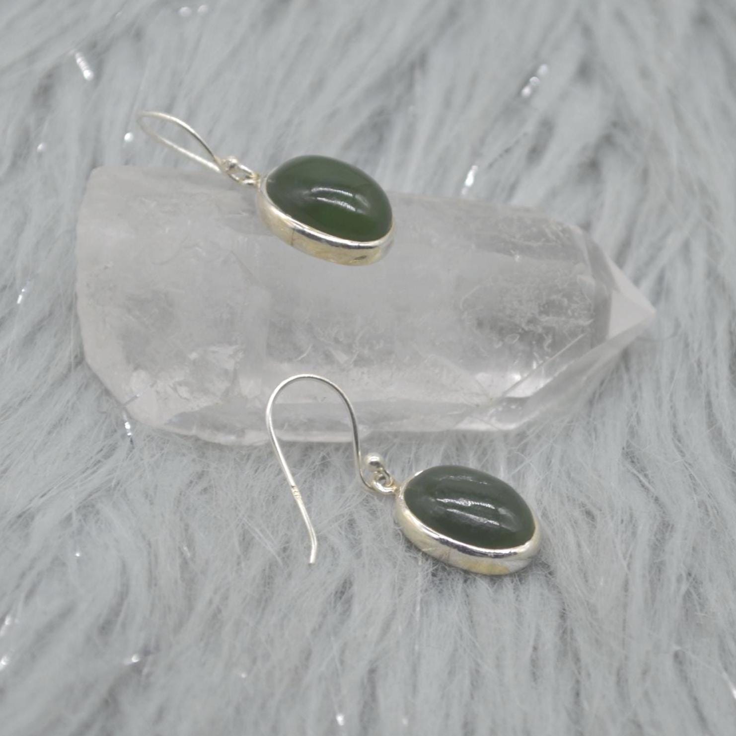 Green Jade Earrings: Sterling Silver Dangle Drop, Oval Gemstone
