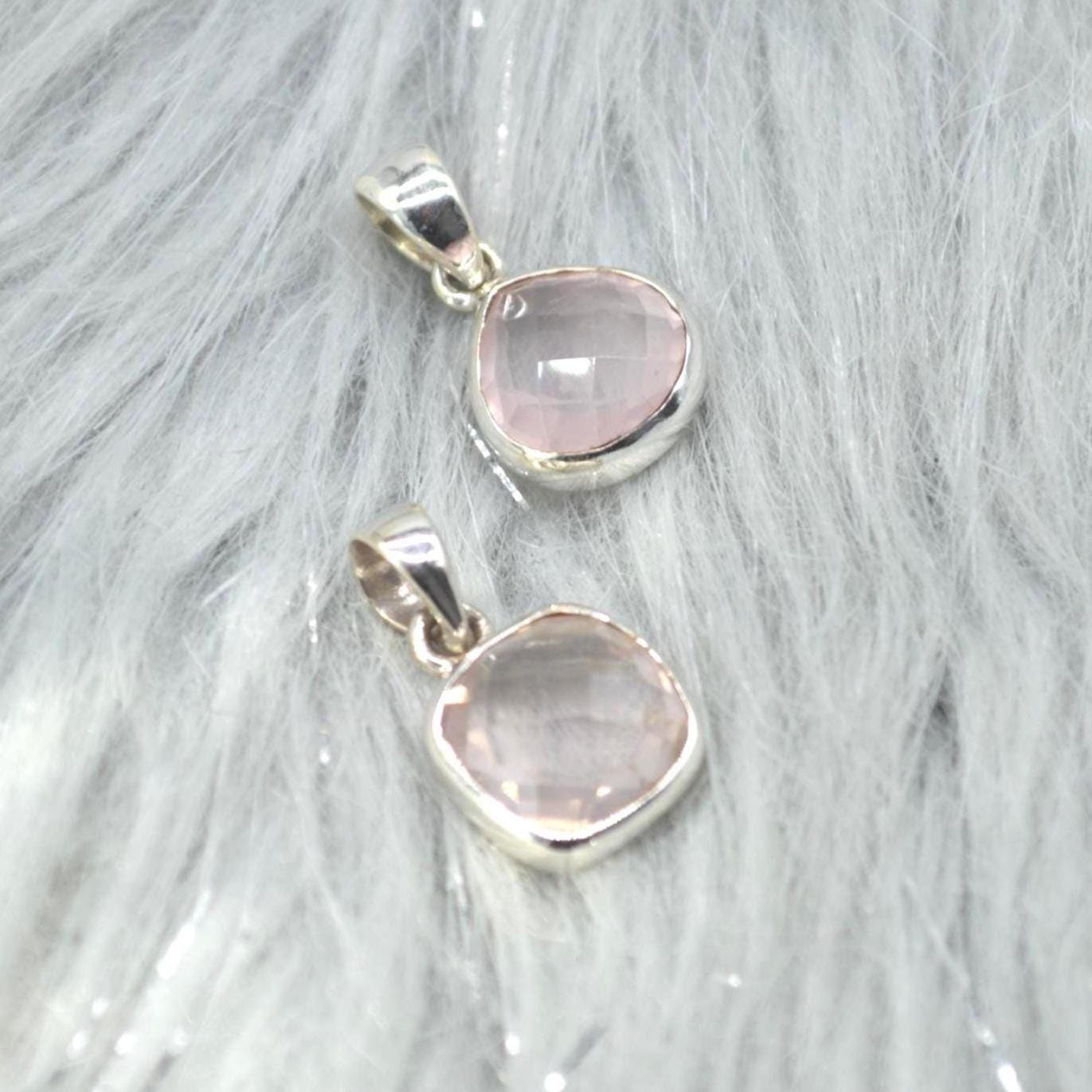 Rose Quartz Pendant Necklace: Sterling Silver, Pink Gemstone, Teardrop or Square