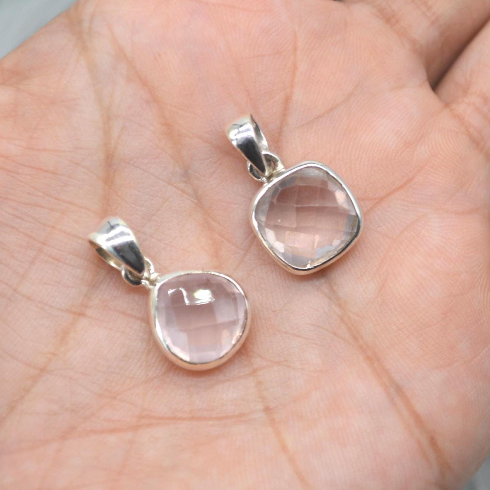 Rose Quartz Pendant Necklace: Sterling Silver, Pink Gemstone, Teardrop or Square