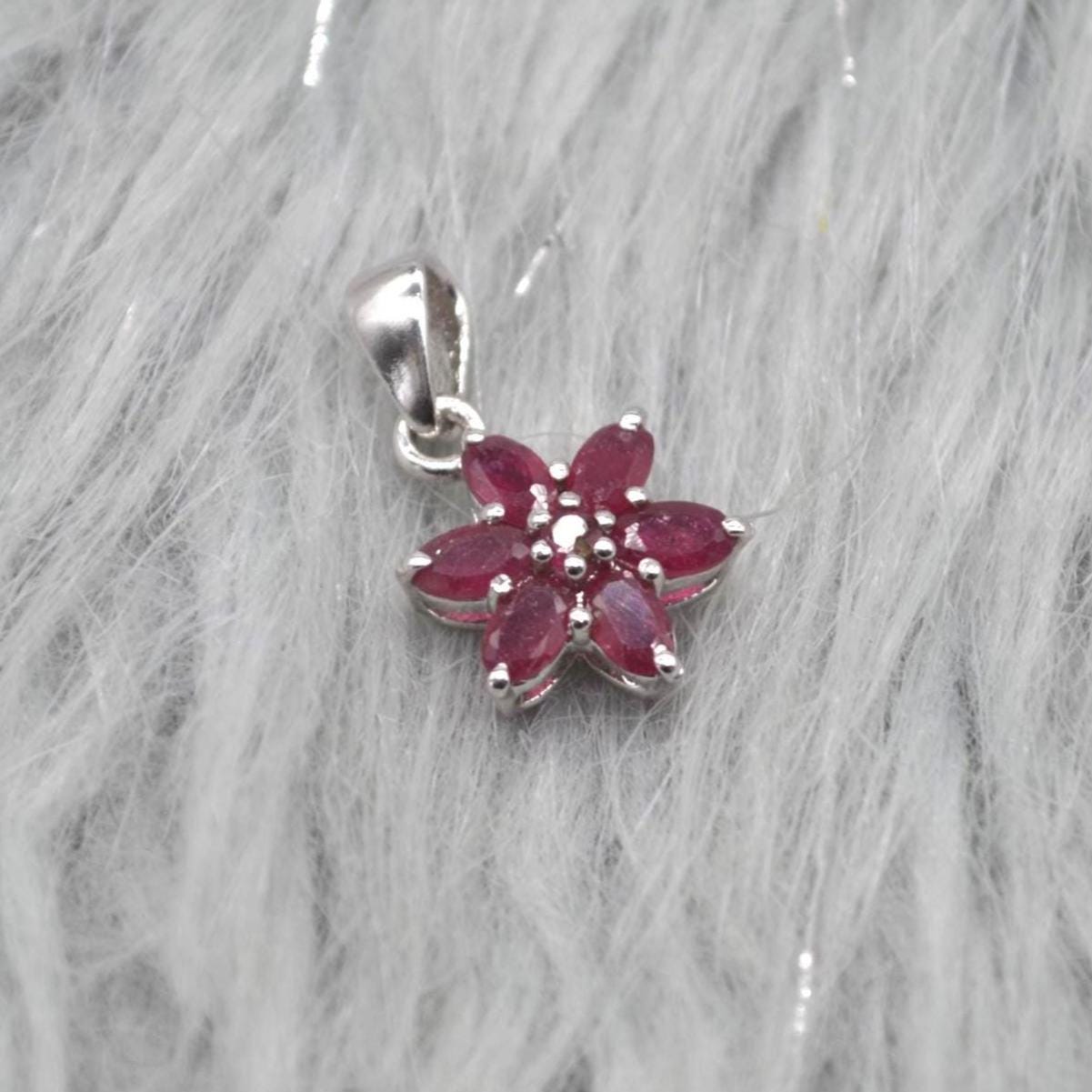 Floral Ruby Pendant Necklace: Sterling Silver, Red Gemstone, July Birthstone