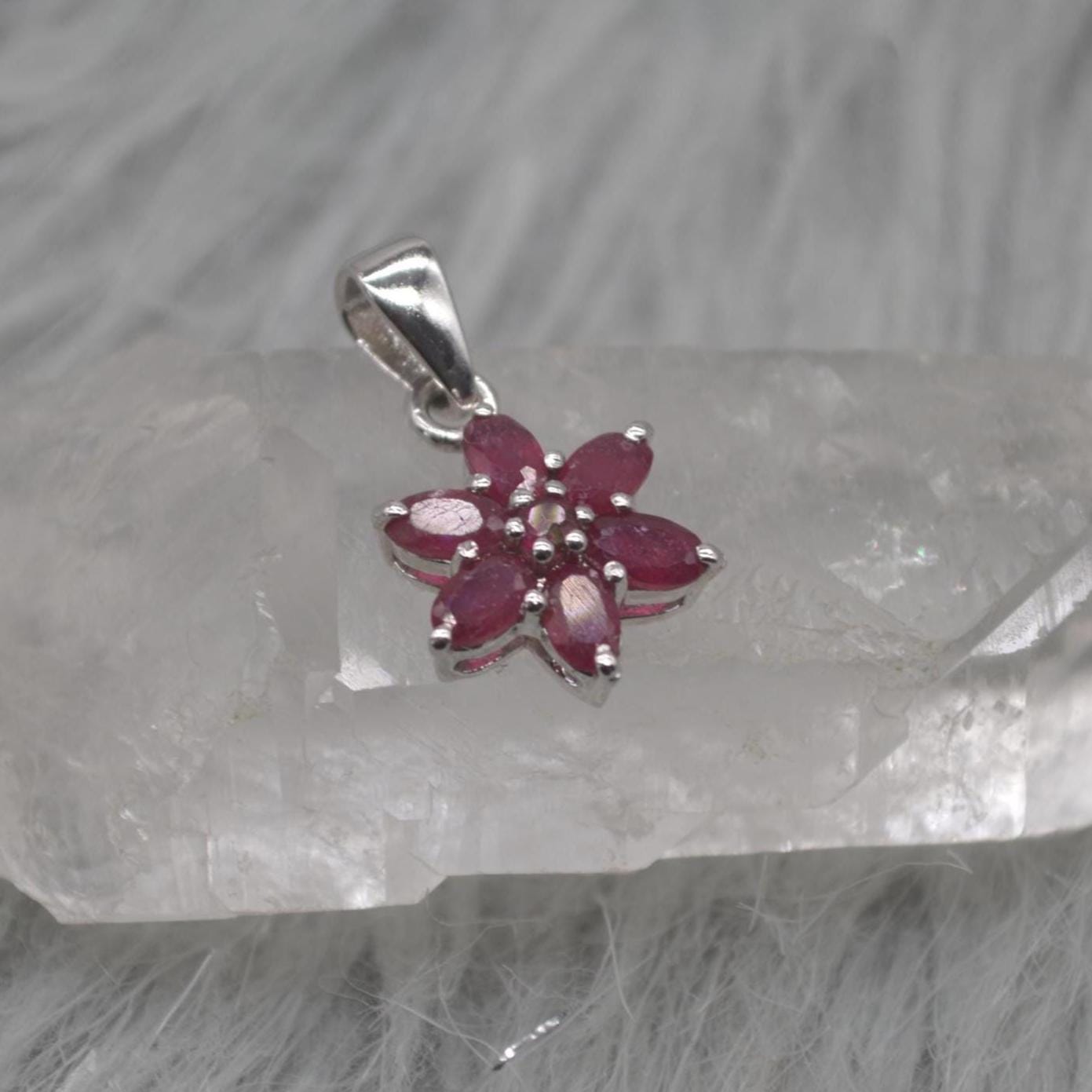 Floral Ruby Pendant Necklace: Sterling Silver, Red Gemstone, July Birthstone
