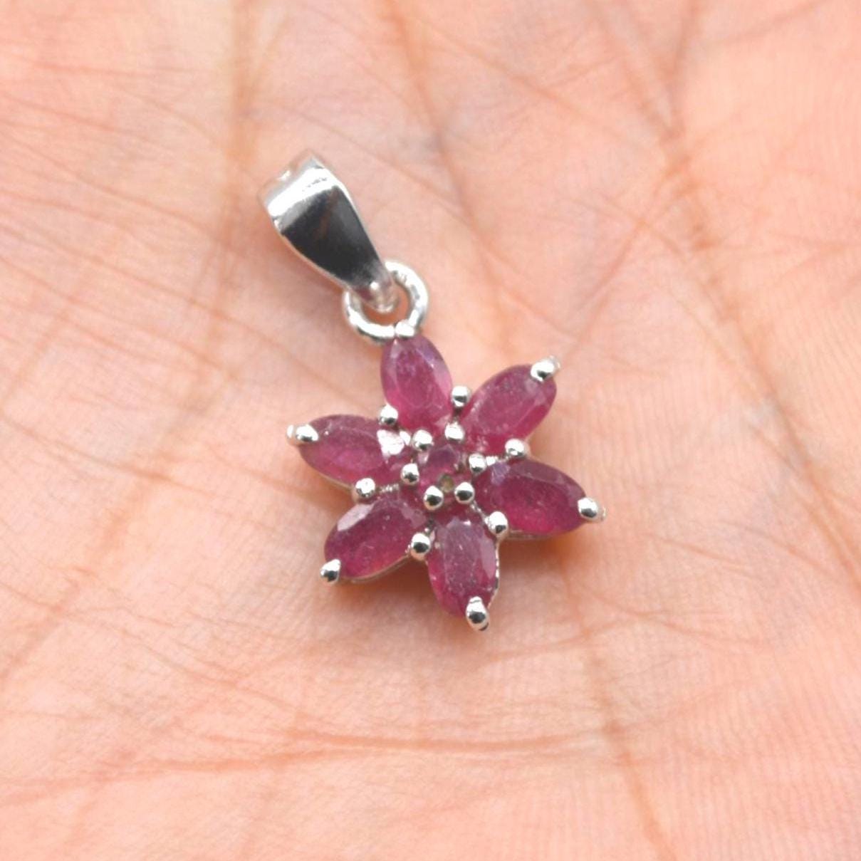 Floral Ruby Pendant Necklace: Sterling Silver, Red Gemstone, July Birthstone