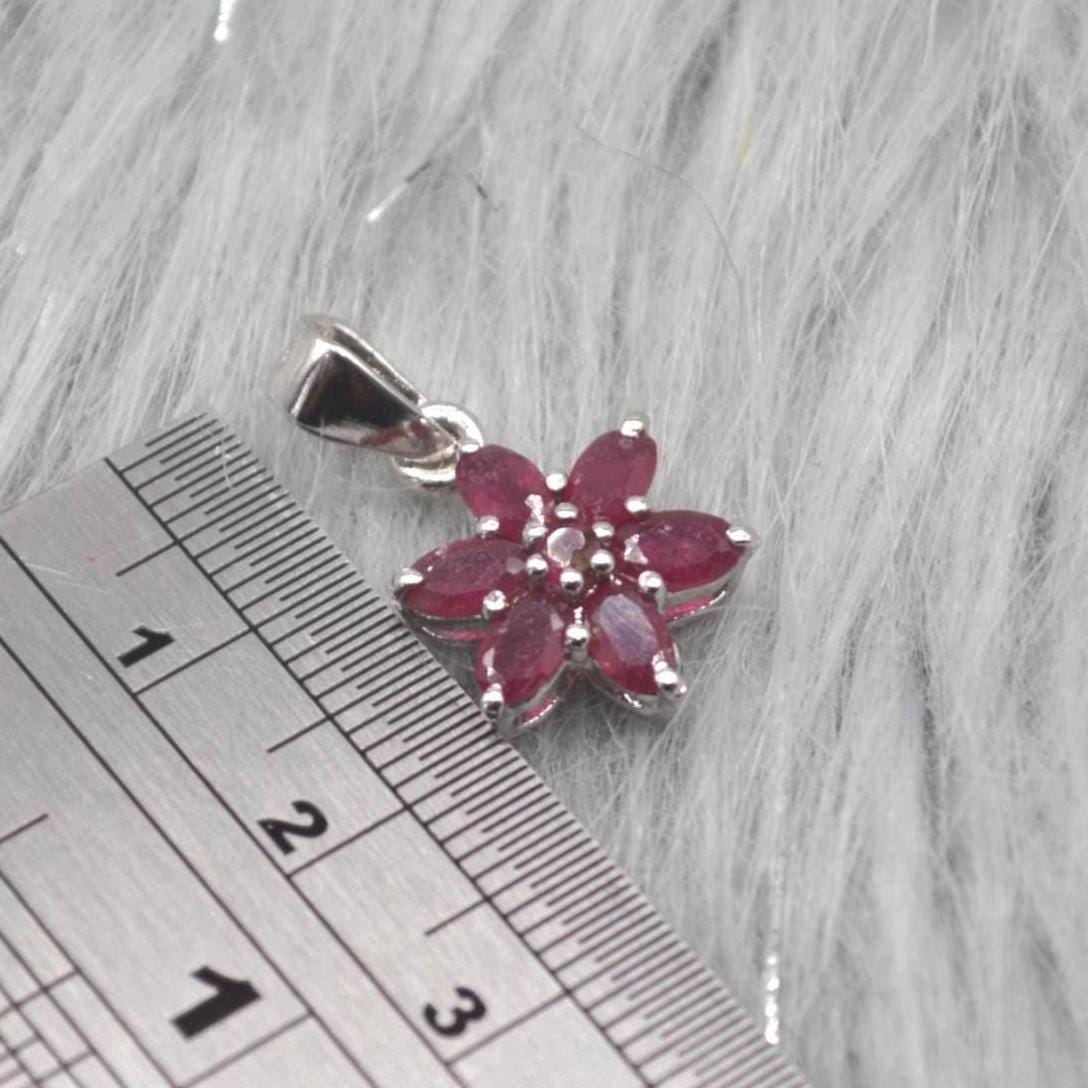 Floral Ruby Pendant Necklace: Sterling Silver, Red Gemstone, July Birthstone